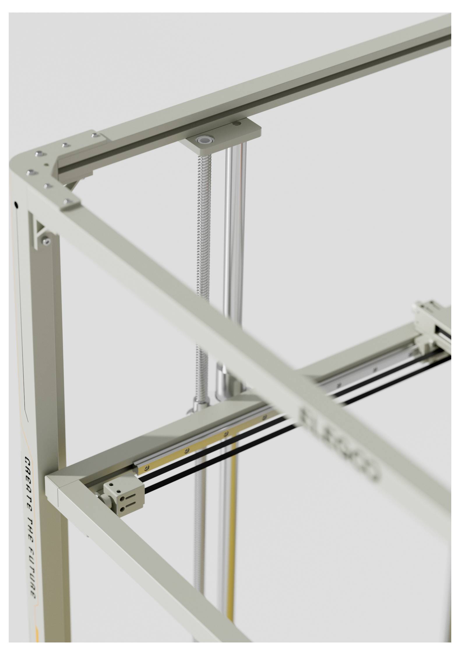 Nahaufnahme einer 3D-Druckerrahmecke mit Metallschienen, vertikalen Stangen und Bewegungsschlittenmechanismus.