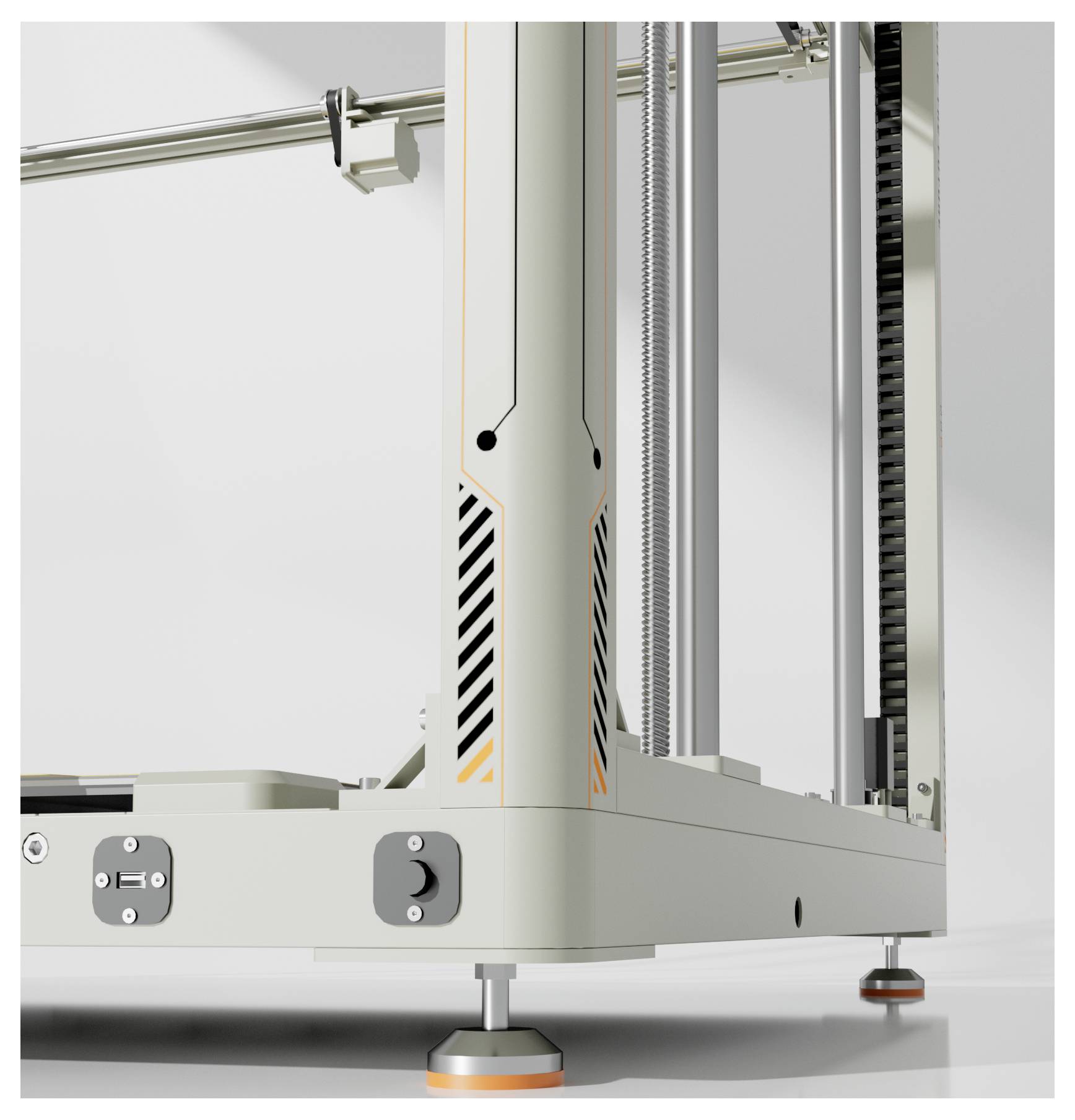 Industrielle Maschine mit zentraler vertikaler Säule und einstellbaren Füßen am Sockel, dargestellt in einer sauberen Studio-ähnlichen Produktansicht.
