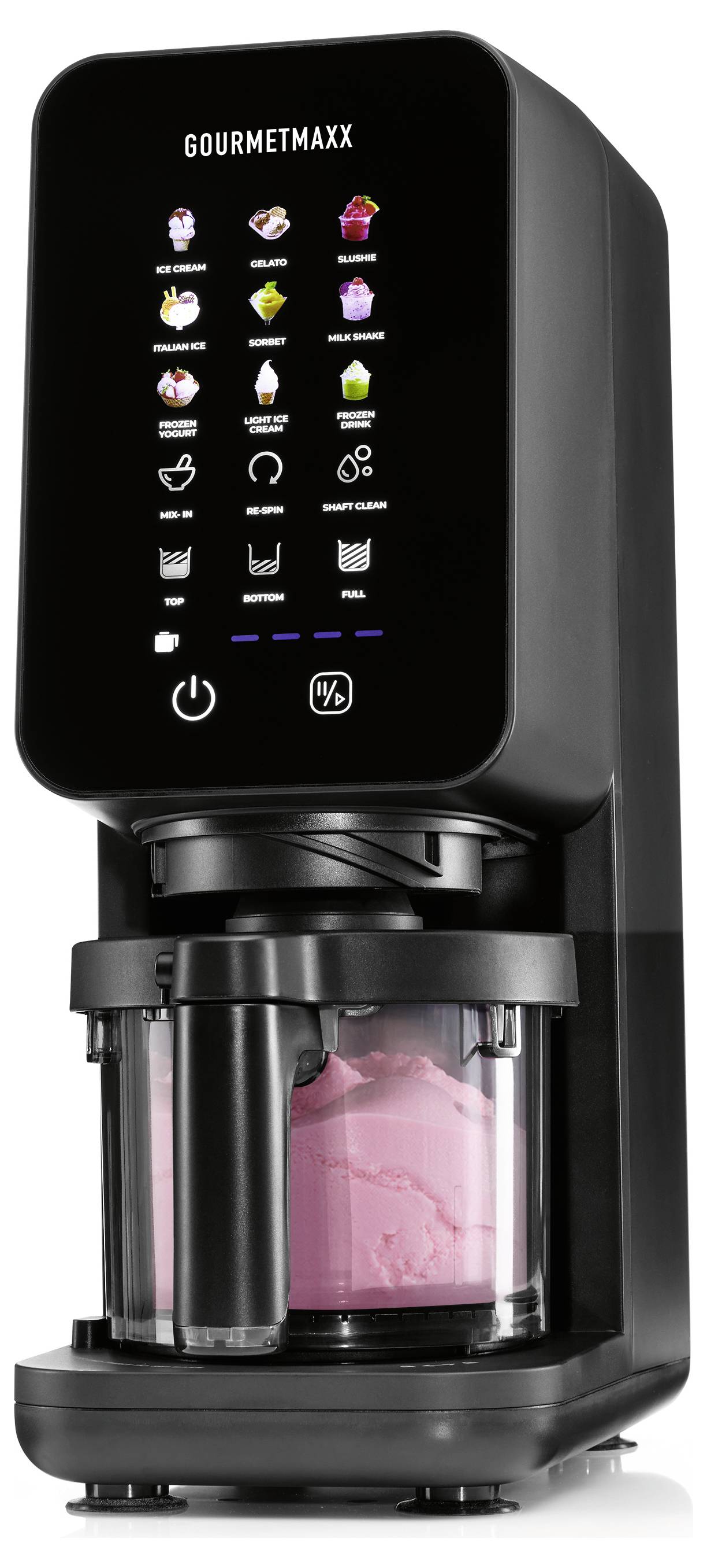 Black Gourmmaxx Eismaschine mit digitales Touchpanel, das Dessert-Programmsymbole anzeigt, und eine rosafarbene Mischung in der Rührschüssel.
