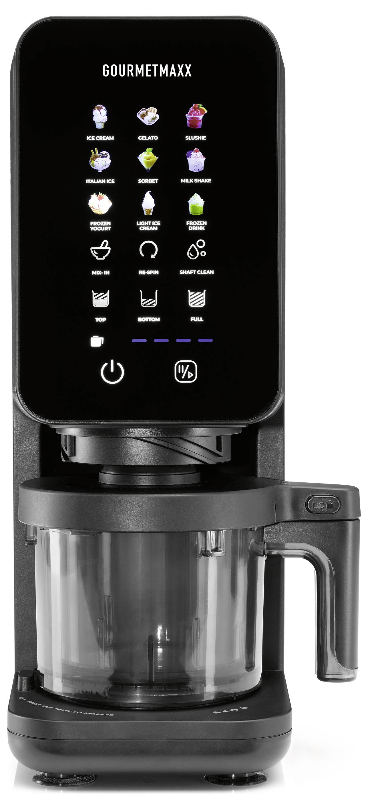 GourmetMaxx Kaffeemaschine mit Touchscreen-Getränkeoptionen und Glaskanne, gezeigt auf einer Arbeitsplatte.