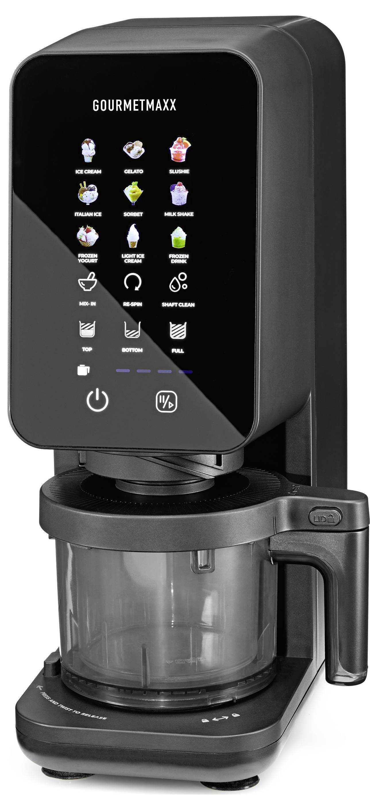 Gourmetmaxx Arbeitsplatte-Kaffeemaschine mit Touchscreen-Steuerung und Glaskanne auf einem Tropftablett, Vorderansicht dargestellt.