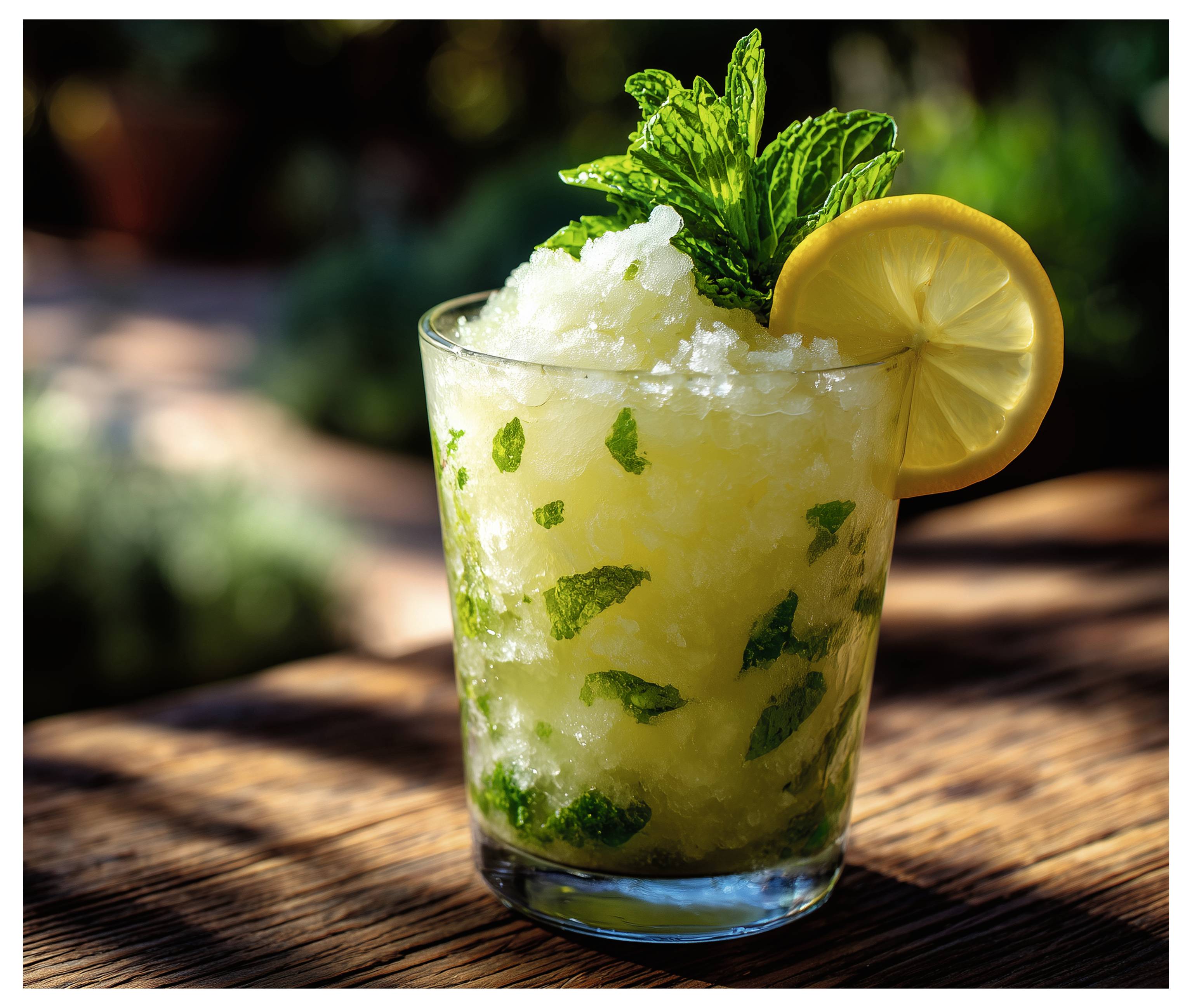 Glas mit minziger Zitronengranita, garniert mit frischer Minze und einer Zitronenscheibe auf einem Holztisch.