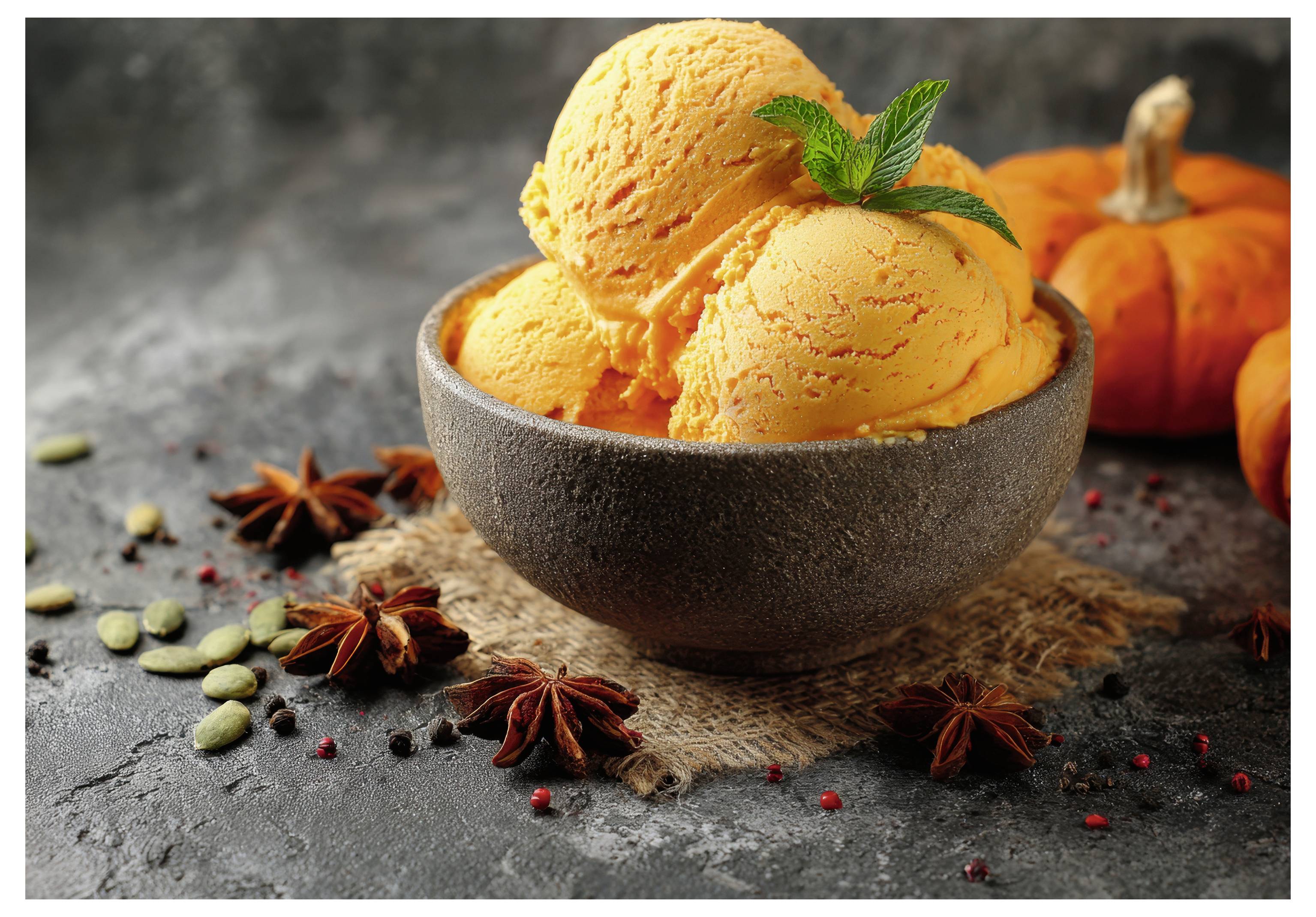 Schüssel mit orangefarbenem Sorbet, garniert mit Minze, umgeben von Gewürzen und Kürbissen auf einem rustikalen Tisch.