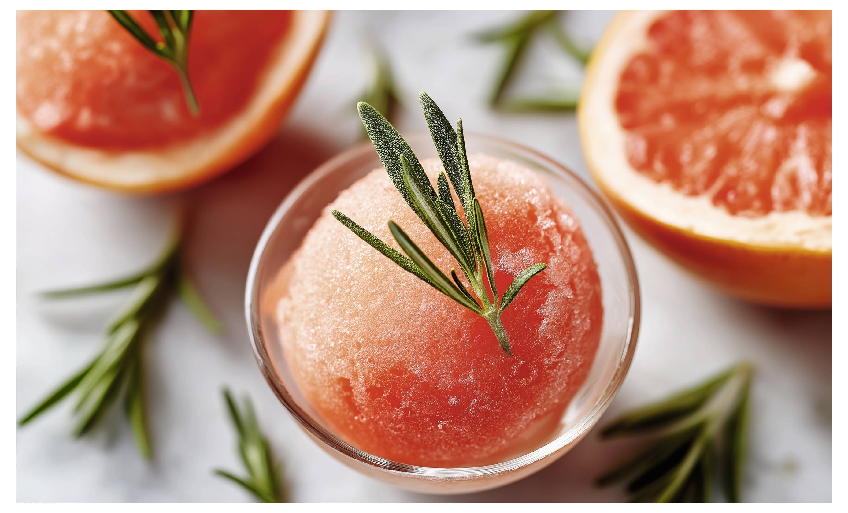 Ein rosa Grapefruit-Sorbet in einer Glasschale, garniert mit Rosmarin, umgeben von geschnittenen Grapefruits.