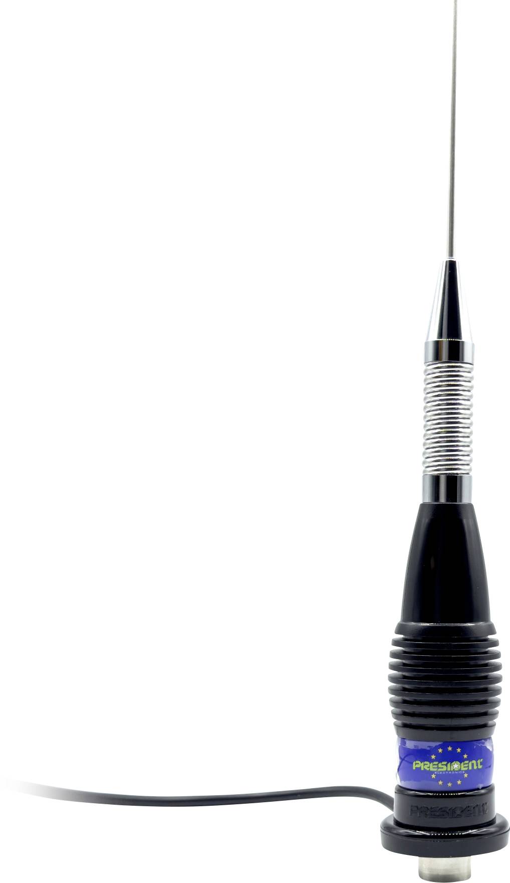 Nahaufnahme einer schwarzen CB-Funkantenne mit einer spiralförmigen Basis und Kabel vor einem weißen Hintergrund.