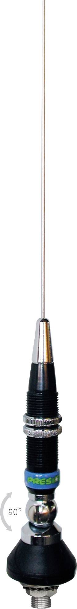 Eine hohe, dünne Antenne mit schwarzer Basis und Chromstecker, aufrecht auf weißem Hintergrund dargestellt.