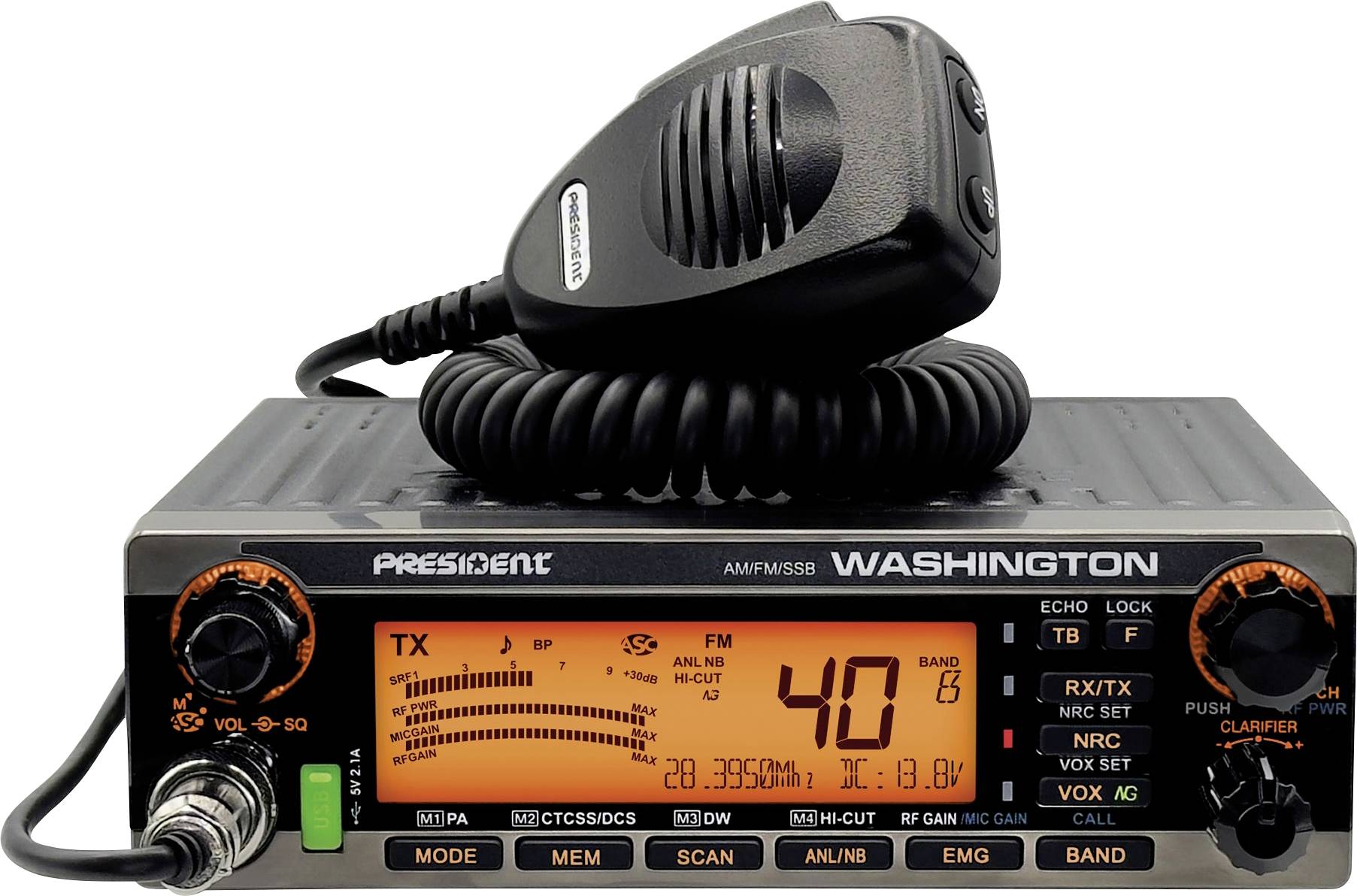 Nahaufnahme eines President Washington CB-Funkgeräts mit Mikrofon, das oben aufliegt, zeigt ein orangefarbenes digitales Display und Bedienknöpfe.