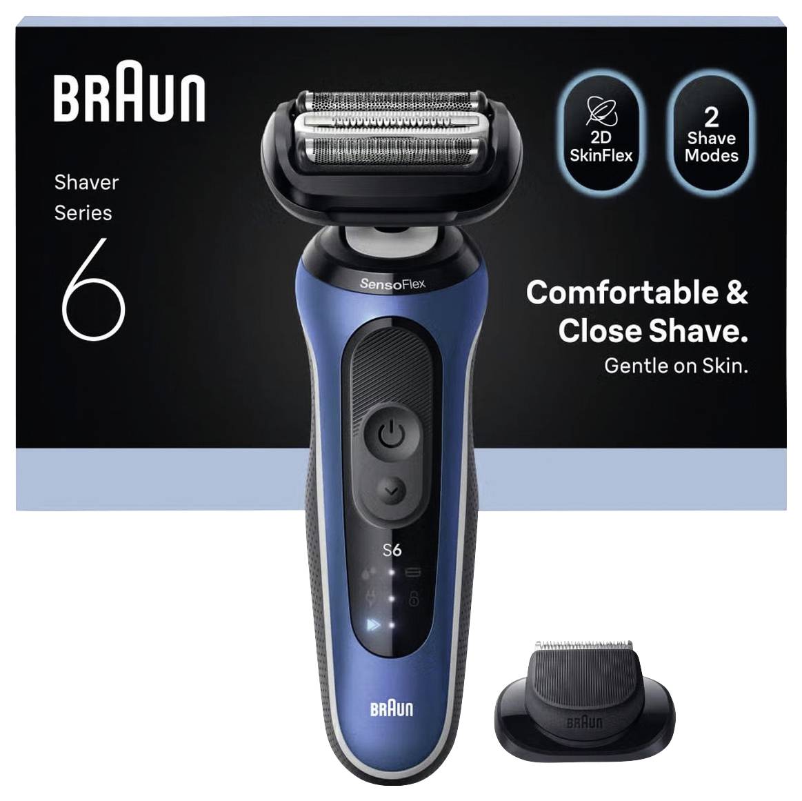 Braun Series 6 Elektrorasierer mit Ladestation, gekennzeichnet mit „Komfortable & enge Rasur. Sanft zur Haut.