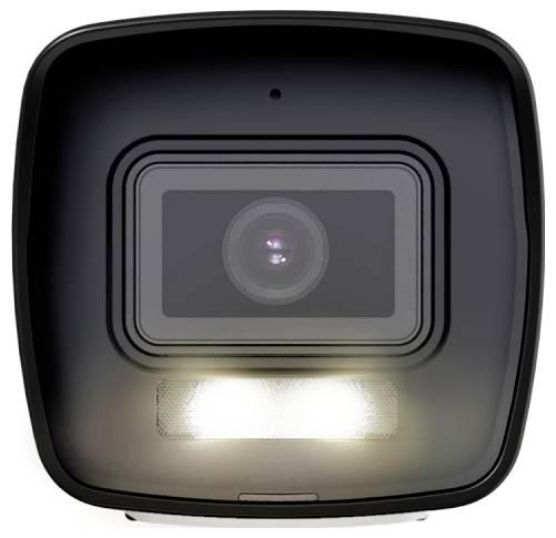 Frontansicht einer Sicherheitskamera mit zentraler Linse und leuchtender LED-Leuchtenleiste auf einem schwarzen Gehäuse.