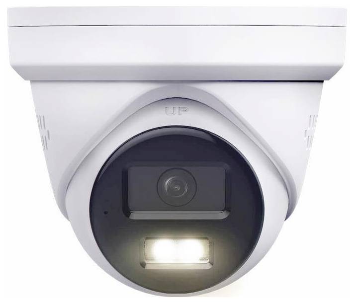 Weiße Kuppelsicherheitskamera mit eingebautem Objektiv und hellem LED-Licht auf einfachem Hintergrund.