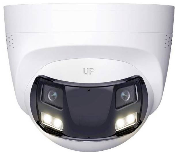 Weiße Domekamera mit Doppellinsen und integrierten LED-Leuchten, gekennzeichnet mit „UP