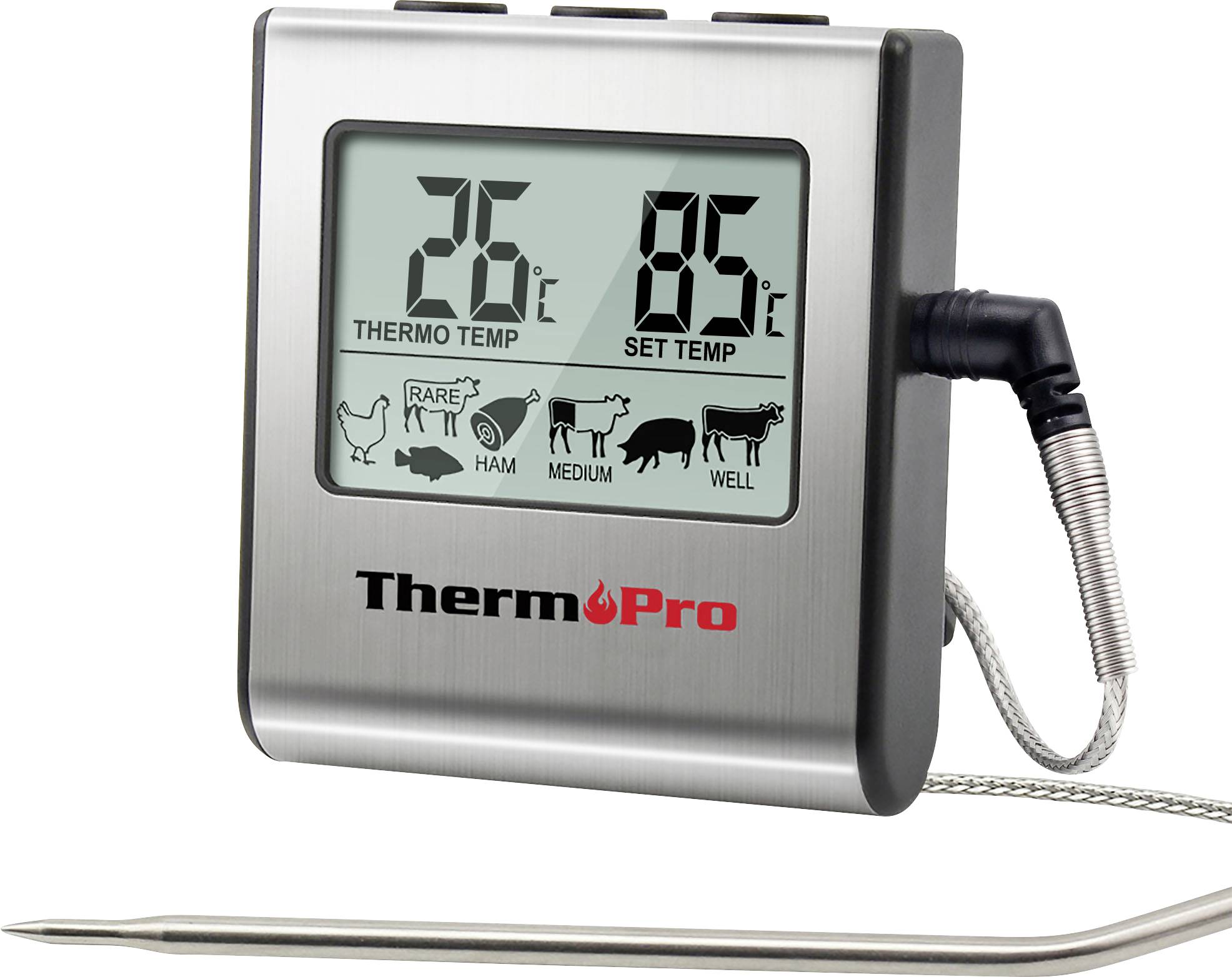 ThermoPro digitales Fleischthermometer mit Sonde zeigt 26°C aktuelle Temperatur und 85°C eingestellte Temperatur an, mit Indikatoren für Garstufen von Rare bis Well Done.
