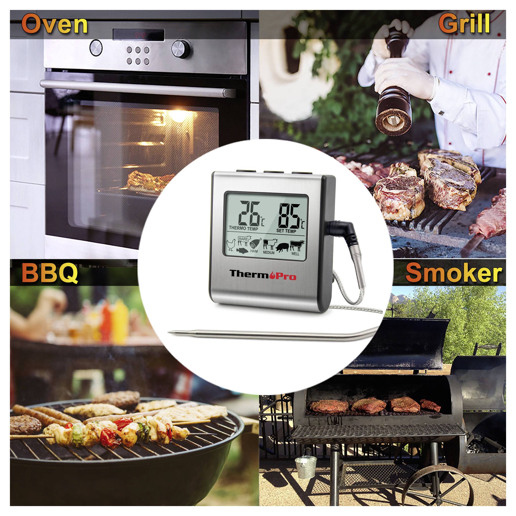 Collage zeigt ein ThermoPro digitales Fleischthermometer mit Sonde, verwendbar für Ofen-, Grill-, Grillspieß- und Räucherofen-Kochen.