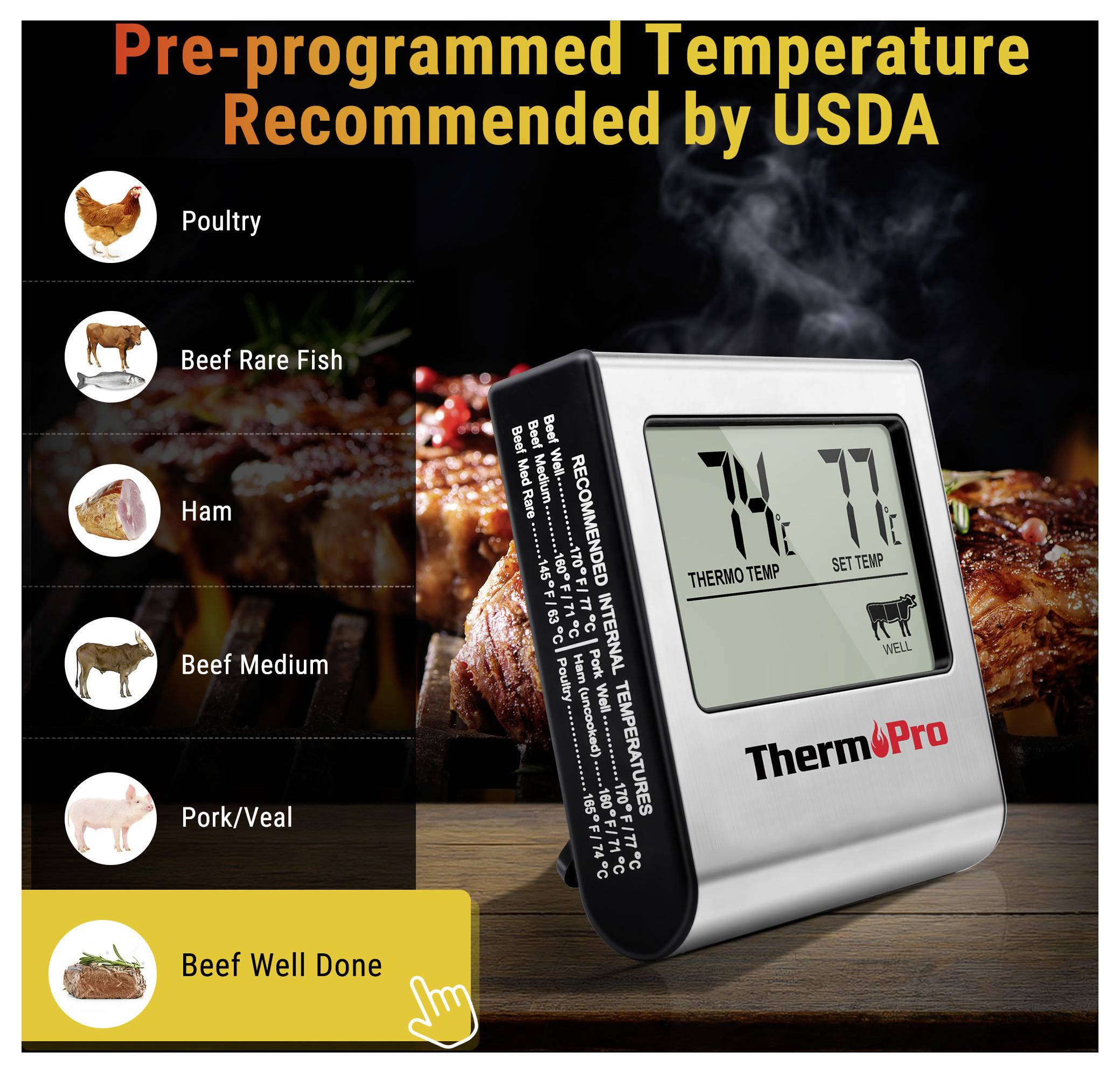 Voreingestellte USDA-Thermometereinstellungen für Geflügel, Rind Rare, Schinken, Rind Medium, Schwein/Kalb und Rind Durchgebraten; ThermoPro digitales Fleischthermometer angezeigt bei 77°F.