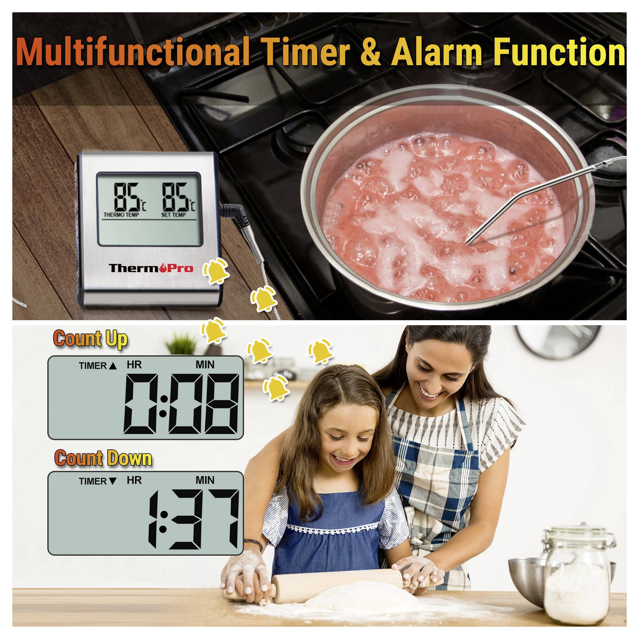 Werbebild für einen ThermoPro Multifunktions-Timer und Wecker, das einen Kochtopf, digitale Timer-Anzeige und Countdown-/Countup-Nutzung beim Backen mit einem Kind und einem Erwachsenen zeigt.