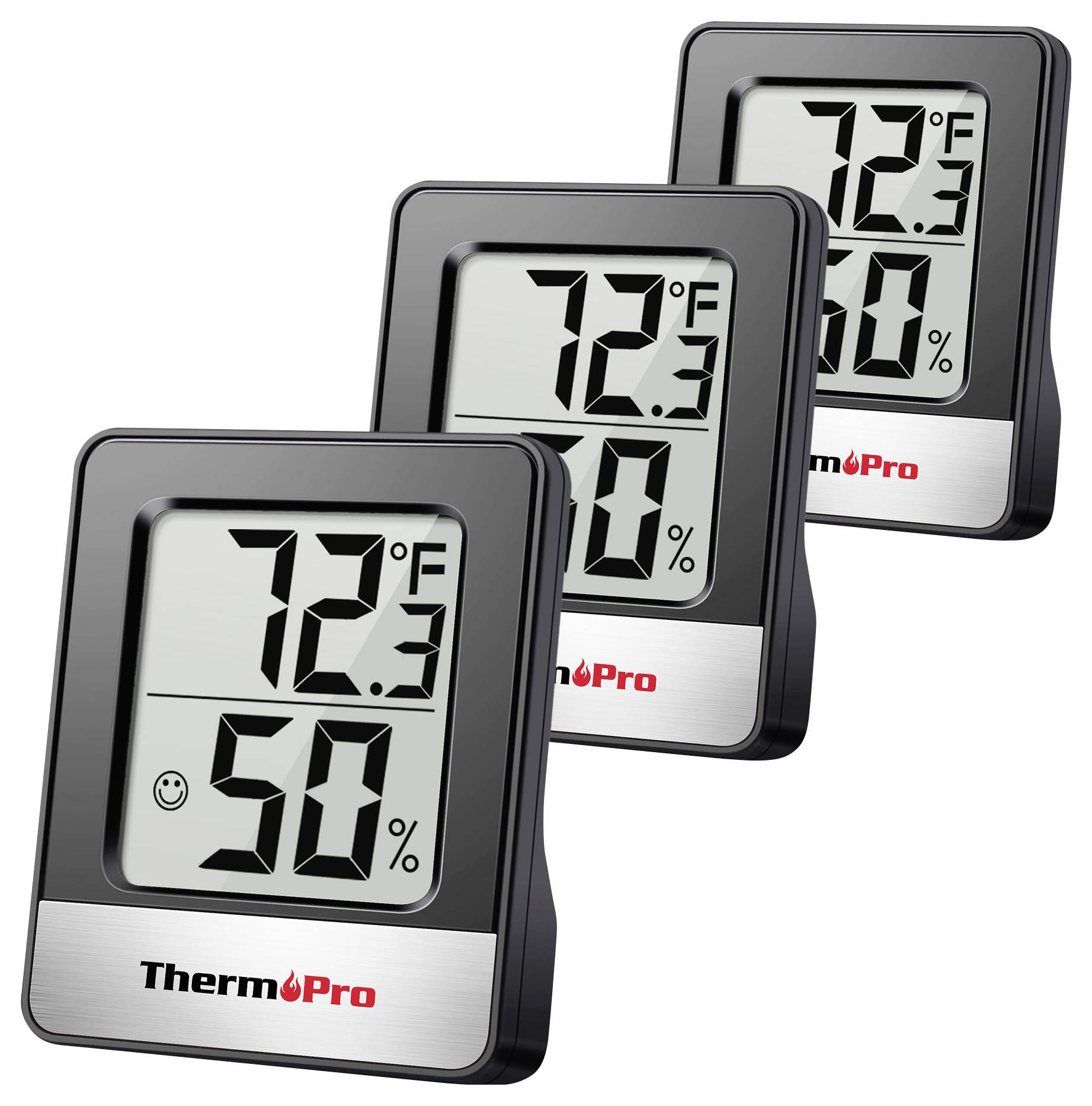 Drei ThermoPro digitale Thermometer-Hygrometer, jedes zeigt 72,3°F und 50% Luftfeuchtigkeit an, diagonal auf weißem Hintergrund gestapelt.