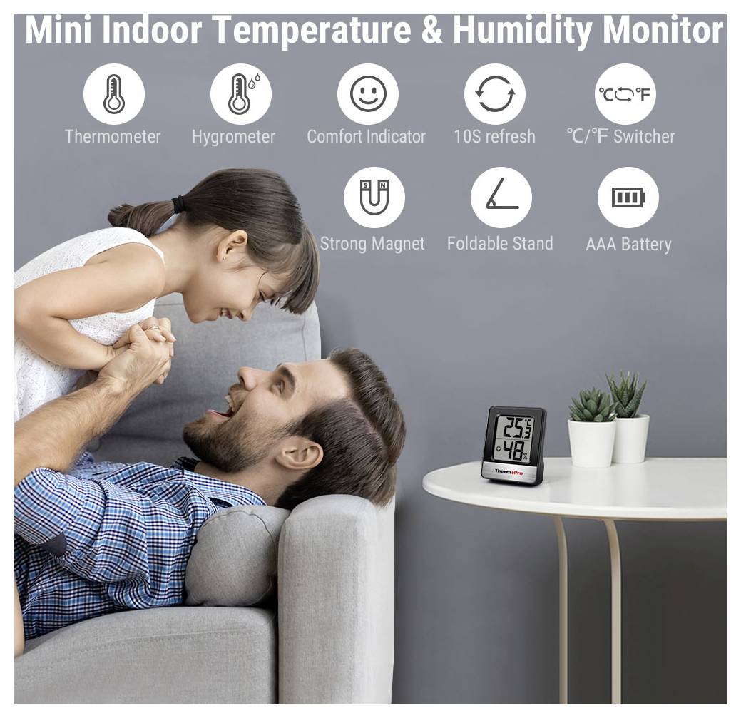 Werbebild eines kleinen Indoor-Thermometer- und Hygrometer-Monitors mit Symbelbeschriftungen für Thermometer, Hygrometer, Komfortanzeige, 10-Sekunden-Aktualisierung, °C/°F-Umschalter, Magnet, klappbaren Ständer und AAA-Batterie.