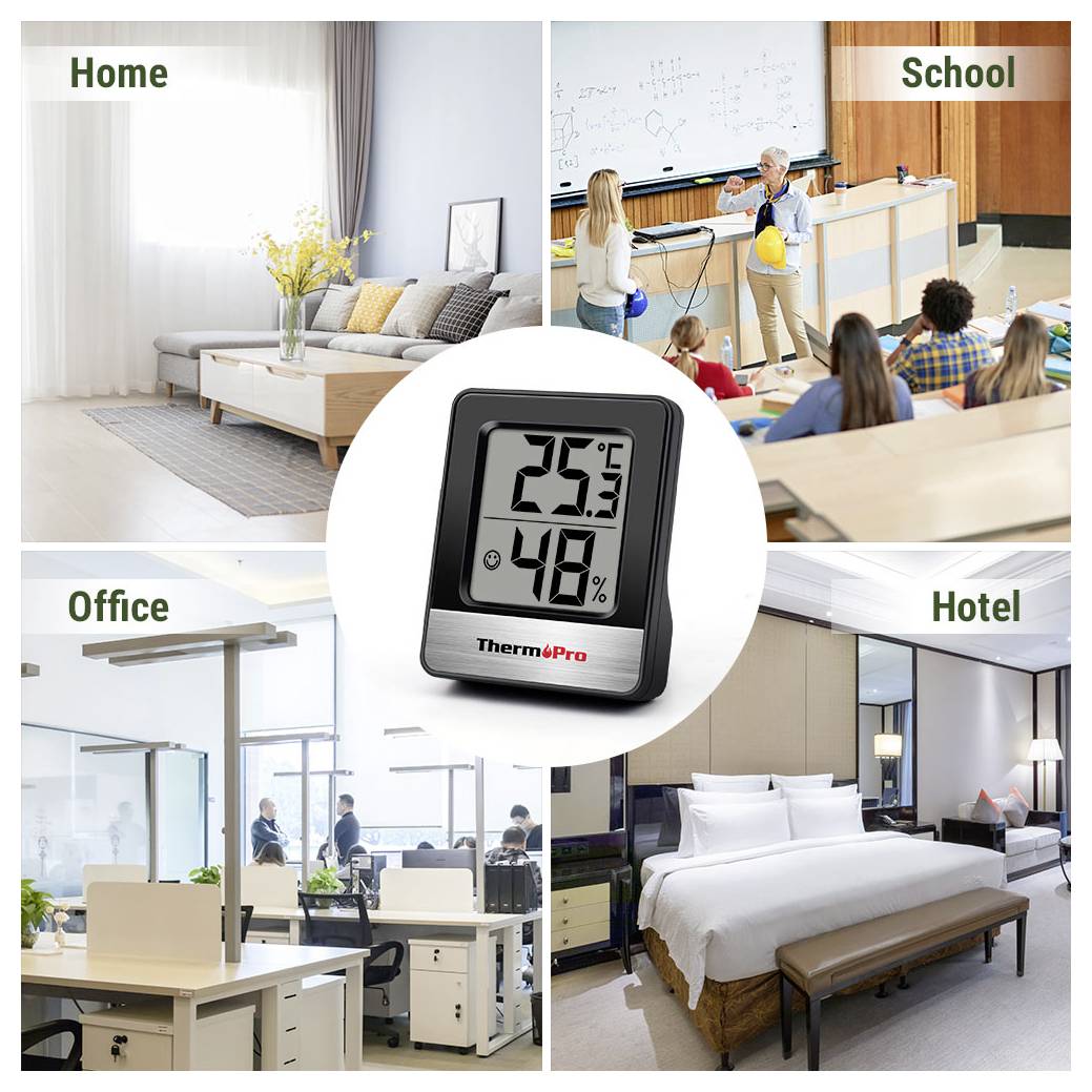 ThermoPro digitales Thermometer-Hygrometer zeigt 25,3°C und 48% Luftfeuchtigkeit an, dargestellt als geeignet für den Einsatz zu Hause, in Schulen, Büros und Hotels.