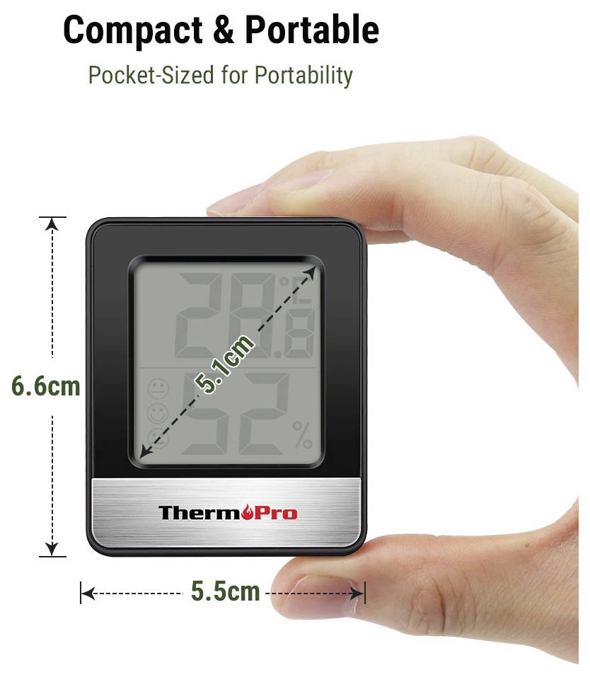 Kompakter ThermoPro-Thermometer in einer Hand gezeigt, beschriftet mit „Kompakt & Tragbar