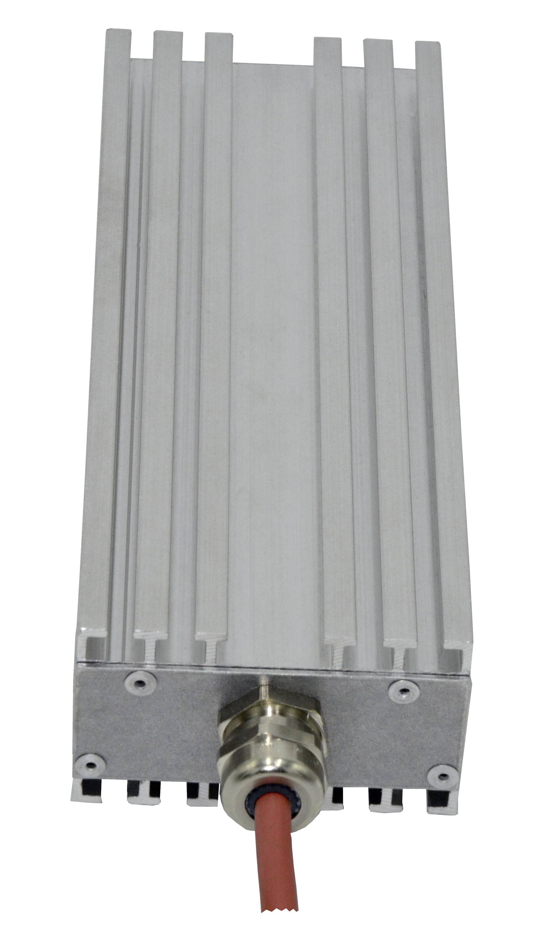 Graufiniges metallisches elektronisches Gerät mit einem am unteren Ende befestigten Kabel, frontal vor weißem Hintergrund dargestellt.