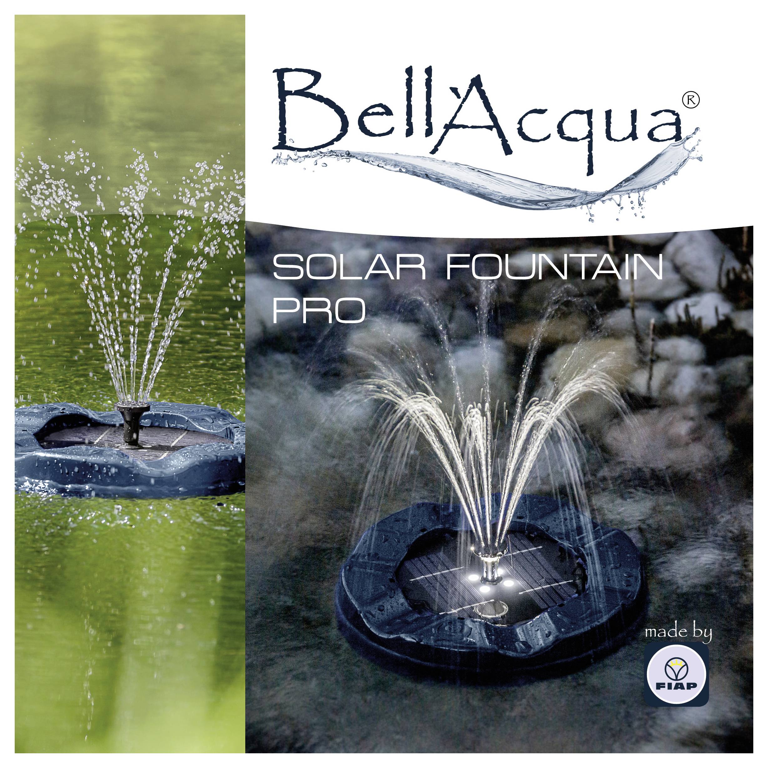 BellaAcqua Solar Fountain Pro Produktbild mit einer schwimmenden solarbetriebenen Fontäne, die Wasser sprüht, mit Markenlogo und „hergestellt von FAP