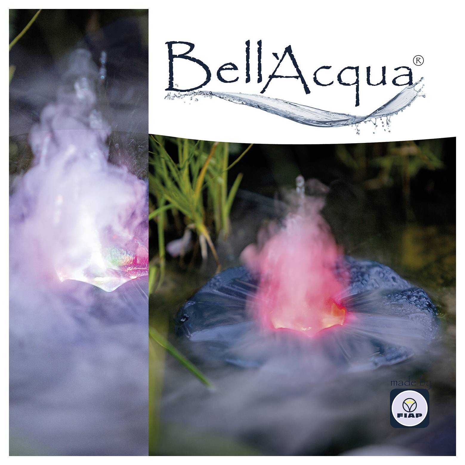 BellaAqua Mystic Fog Farbprodukt-Anzeige, die ein Farblichtzubehör für eine Nebelmaschine zeigt, mit einem runden Gerät, Netzteil und farbig beleuchteter Nebelabgabe.