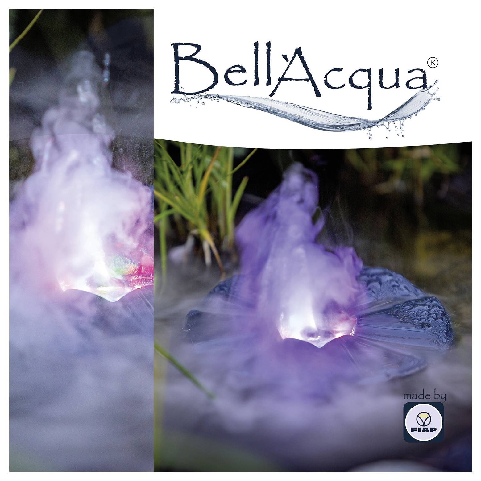 BellAqua 'MYSTIC FOG' Produktgrafik mit einem nebligen Wasserfunktion-Foto und einem beschrifteten technischen Diagramm seiner Brunnenkomponenten.