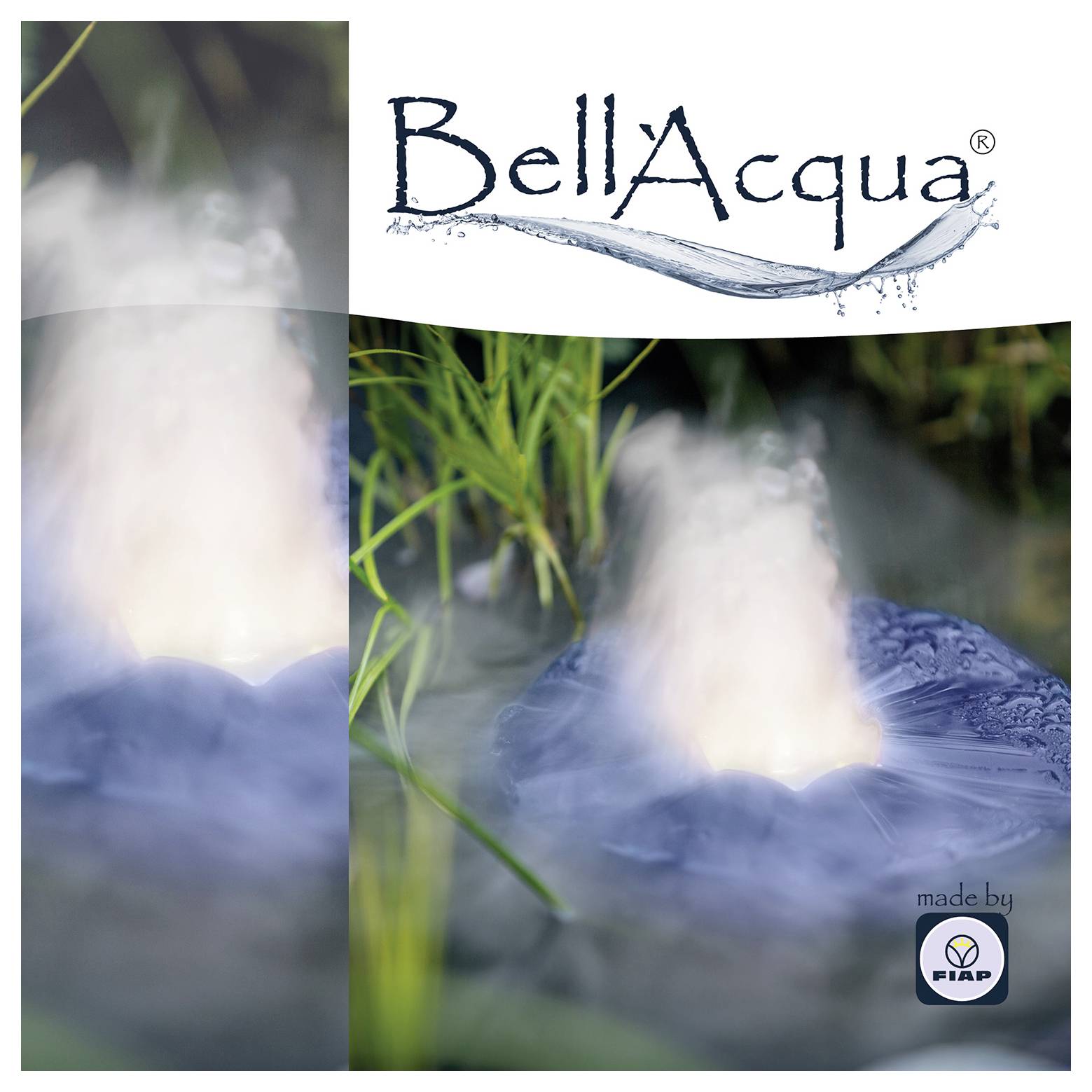 BellaAcqua-Logo über einem Foto eines blauen Teichs mit einer Springbrunnen-Fontäne, die Wasser zwischen Schilf sprüht, mit einem kleinen „made by FIAP