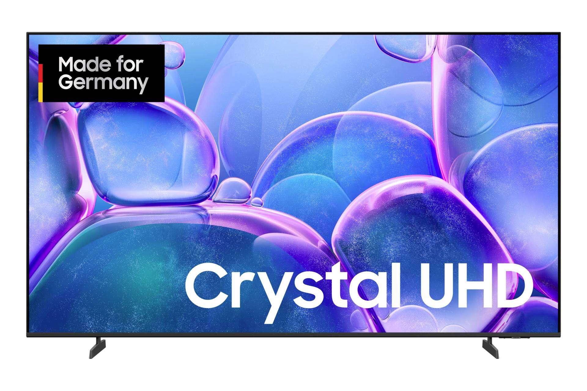 Flachbild-Fernseher zeigt bunte blaue und violette abstrakte Blasen mit dem Text „Crystal UHD