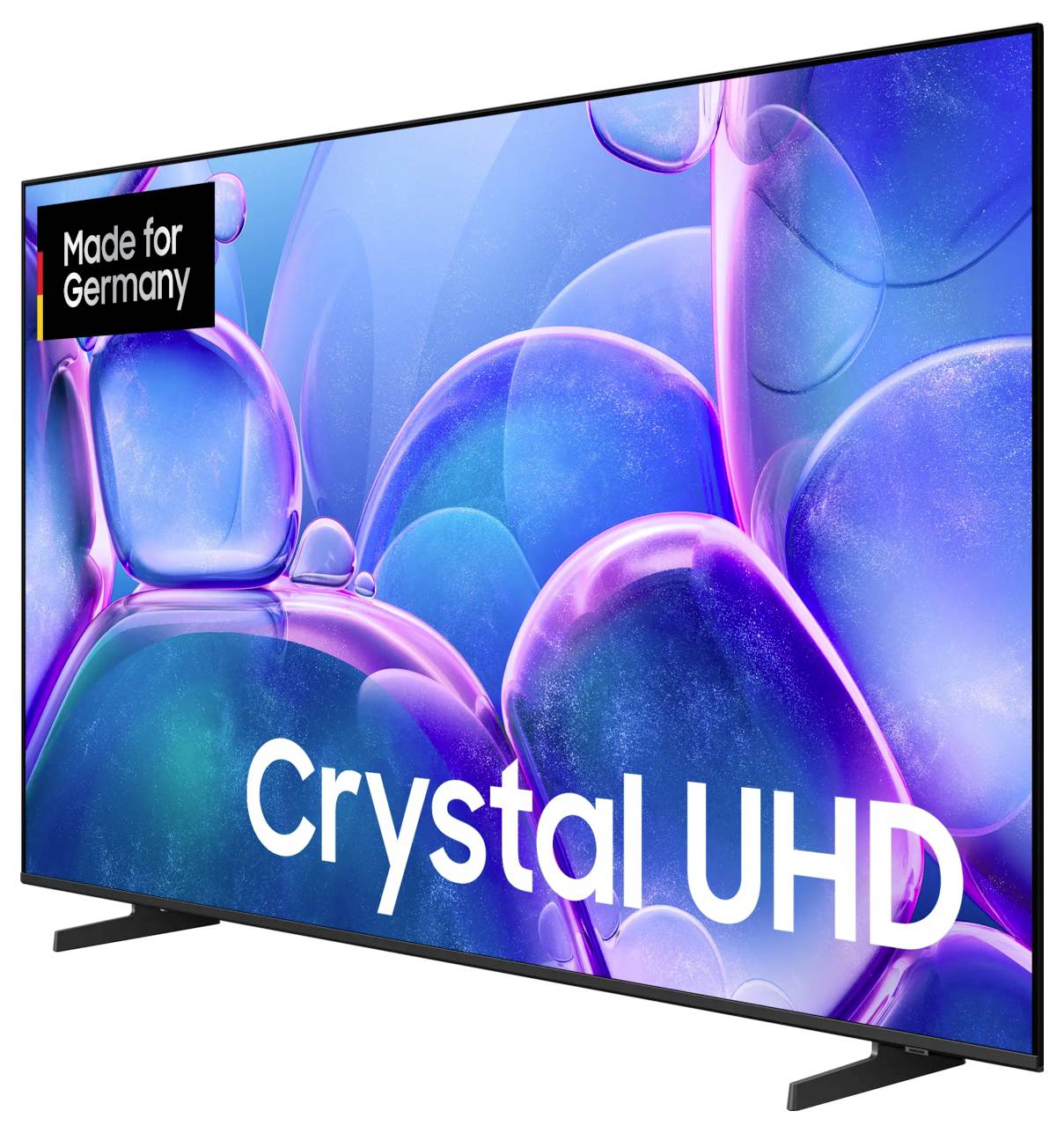 Flachbildfernseher zeigt bunte abstrakte blau und lila Blasen mit dem Text „Crystal UHD
