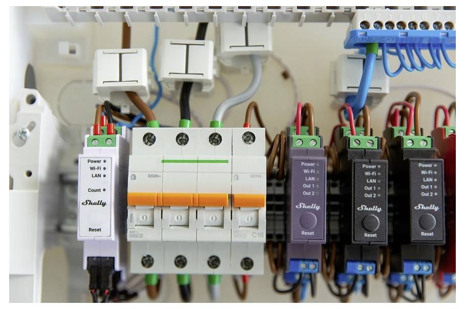Elektrisches Schaltfeld mit Leistungsschaltern, Relais und Verdrahtung mit Beschriftung für Stromversorgung, Wi-Fi, LAN und Zähleingänge.