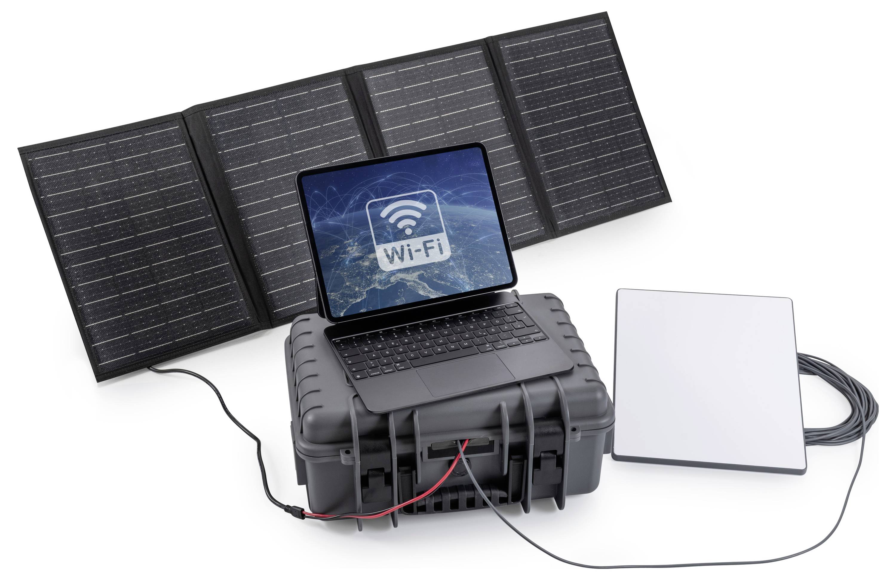 Tragbare Solarstromanlage mit drei faltbaren Solarpanelen, ein Laptop mit einem Wi-Fi-Symbol und ein verbundenes Batteriegehäuse mit Kabeln.