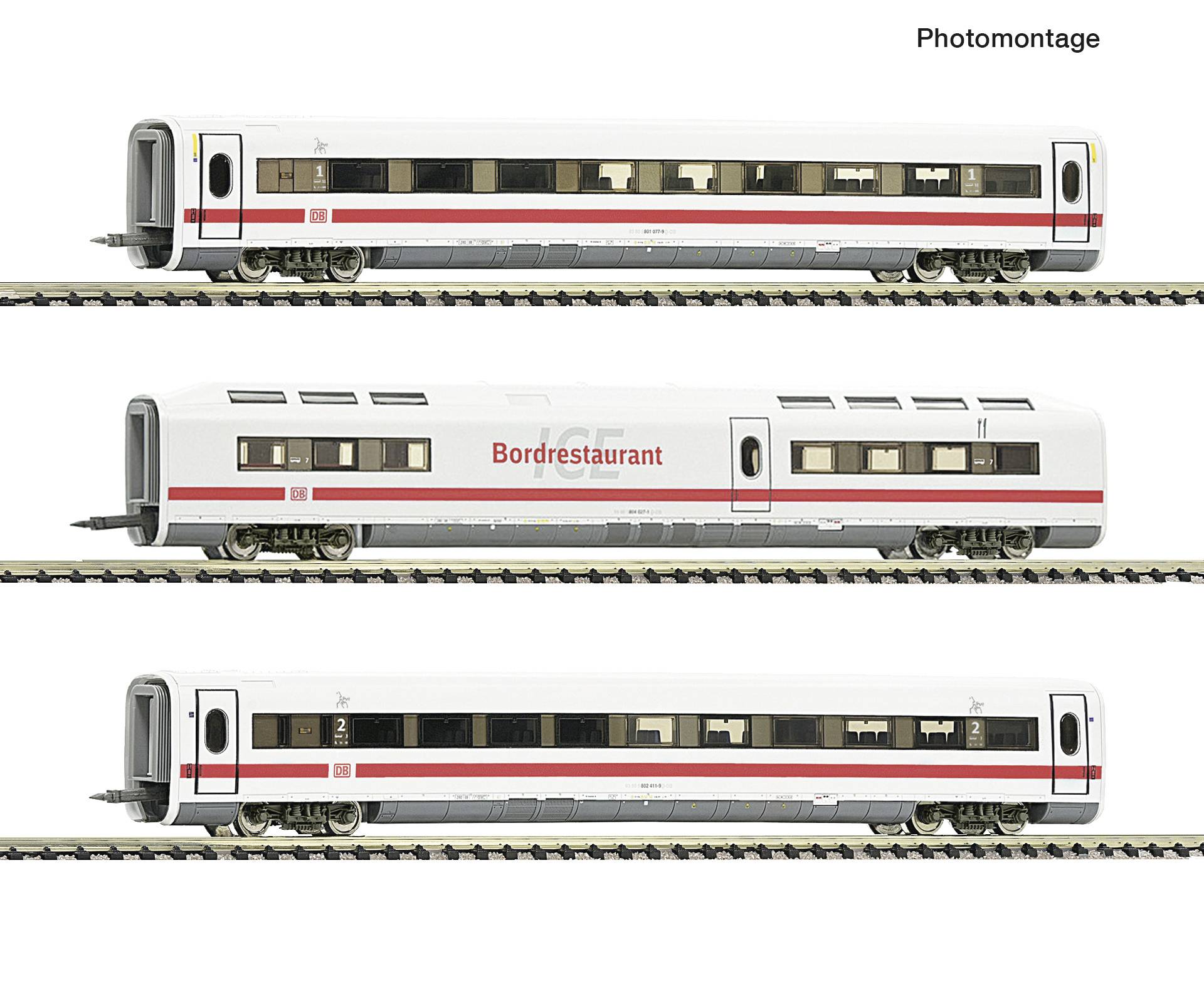 Fotomontage eines modernen Gelenkzugs mit farbenfrohen Stadtkern-Grafiken auf den Wagen, in Seitenansicht auf der Schiene dargestellt.