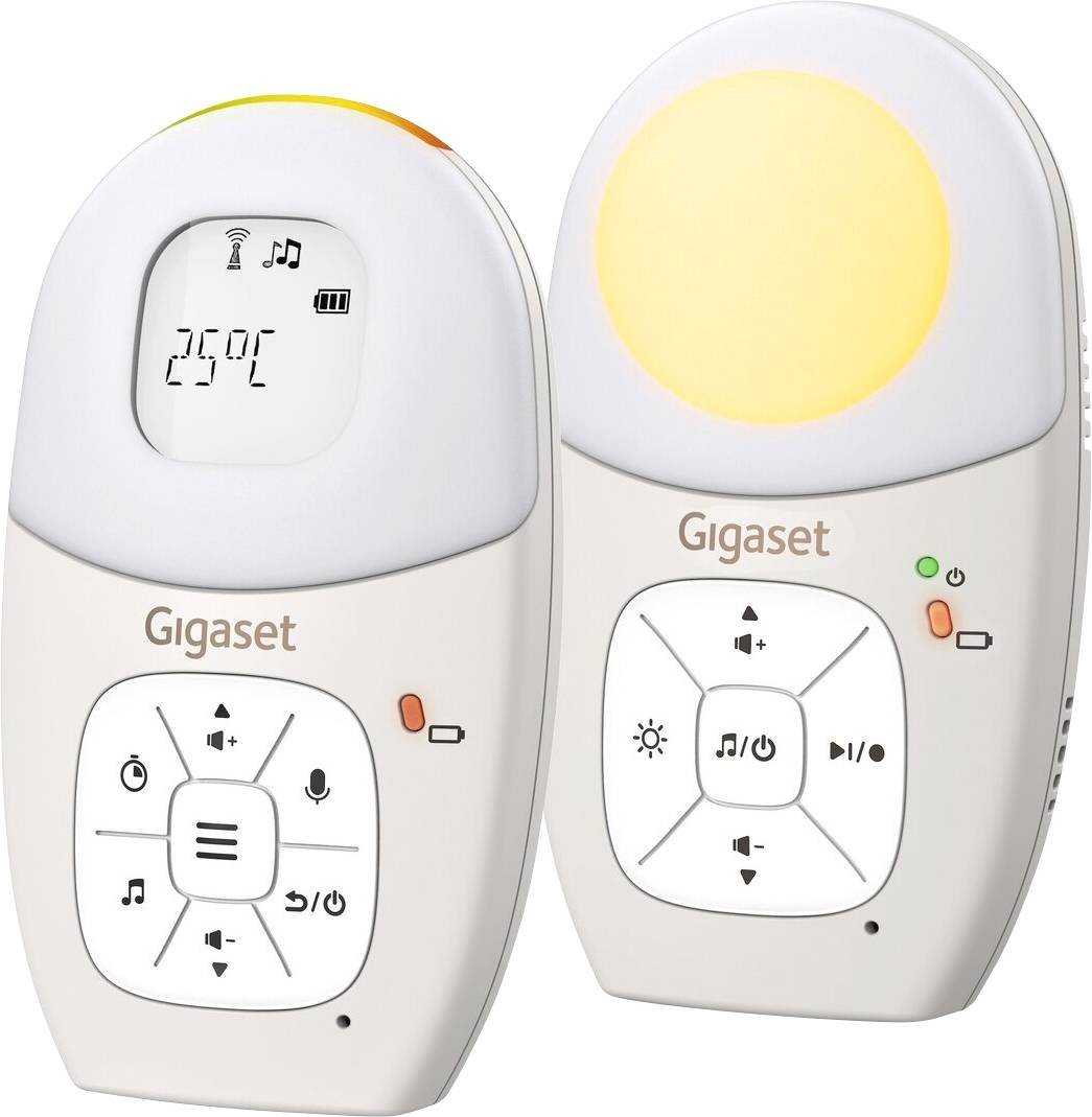 Zwei schnurlose Gigaset-Telefonhörer werden nebeneinander gezeigt, einer mit einem kleinen Bildschirm und Kontrolltasten, der andere mit einem leuchtenden Licht oben.