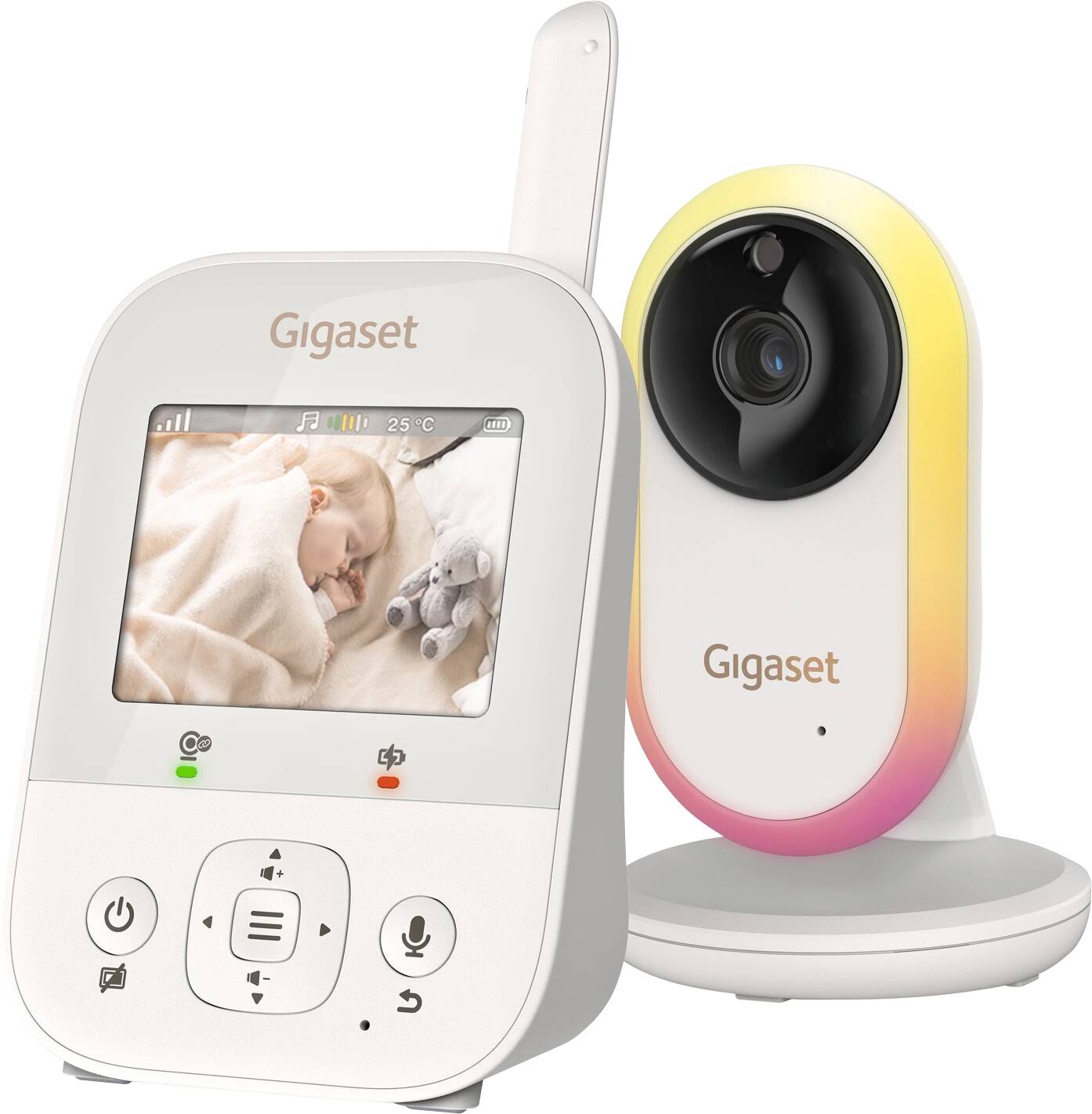 Gigaset-Babyphone-Set mit tragbarem Bildschirm, auf dem ein schlafendes Baby und ein Teddybär zu sehen sind, sowie eine Kamera auf einem runden Sockel.