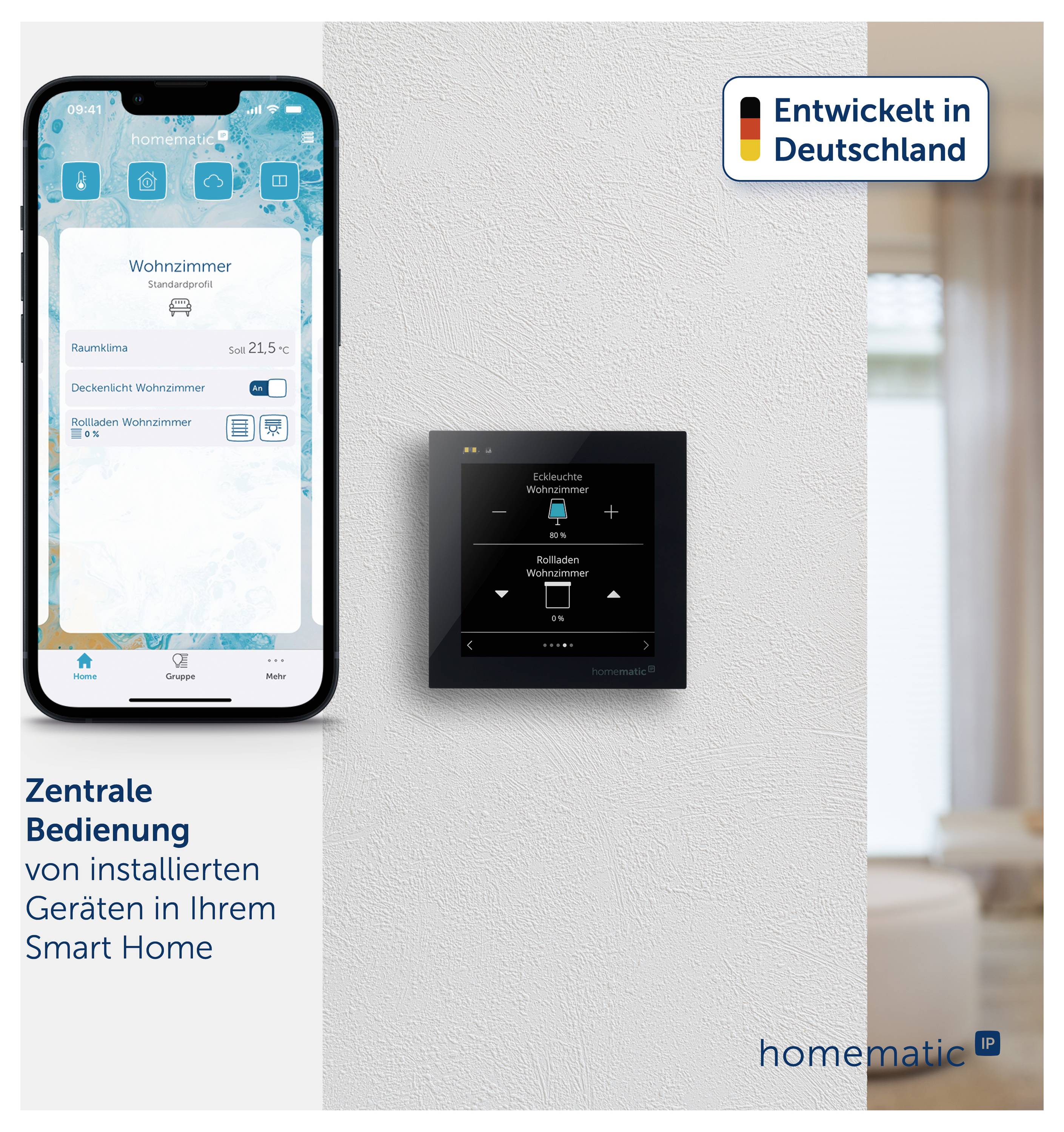 Intelligente Hausautomation-Konzept, das eine Telefon-App und einen Wandbildschirm zur Steuerung von Haushaltsgeräten zeigt, mit deutschem Text „Zentrale Bedienung von installierten Geräten in Ihrem Smart Home