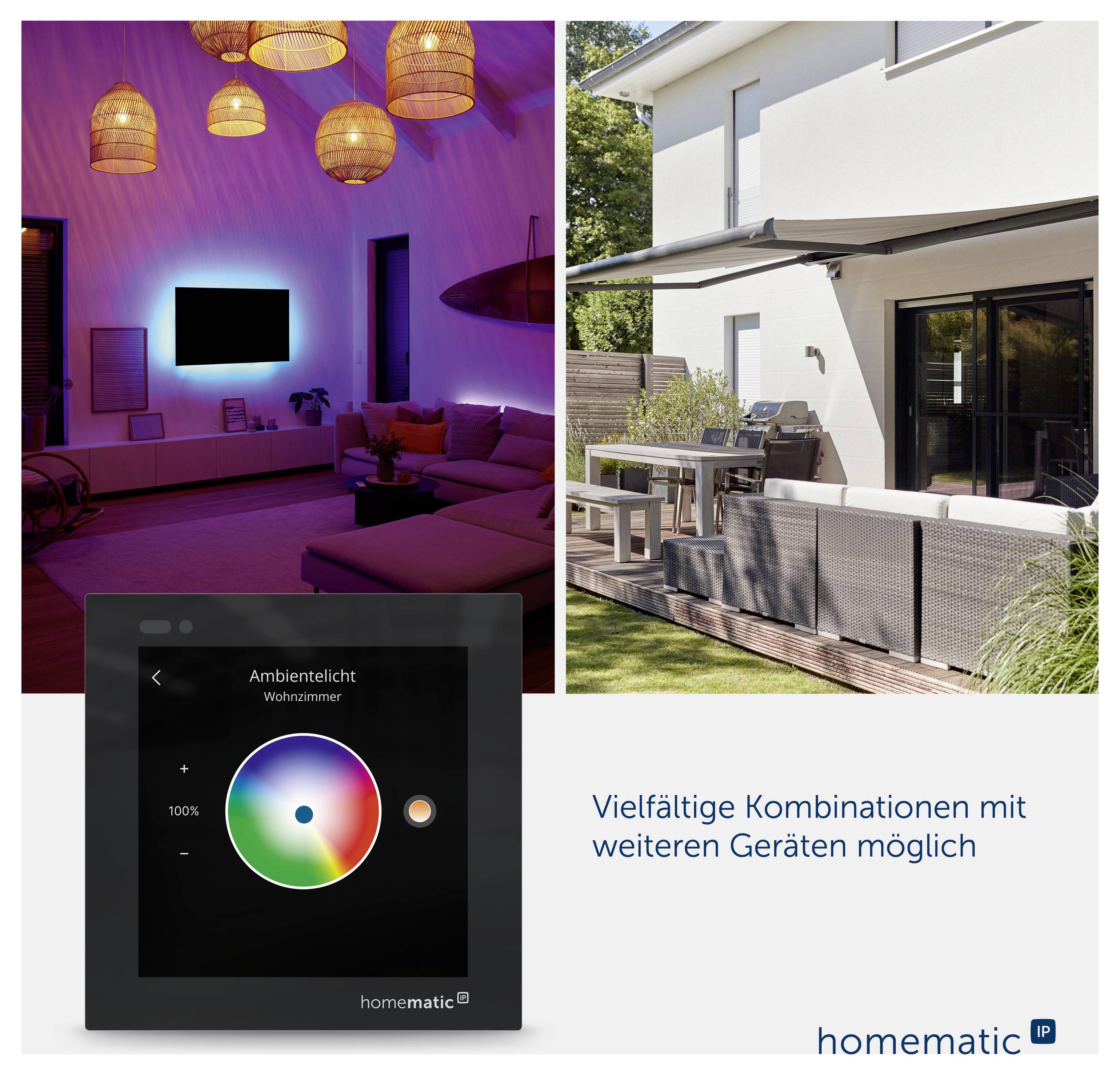 Intelligente Beleuchtungssteuerung für ein Wohnzimmer mit einem Farbrad und Einstellungen für 