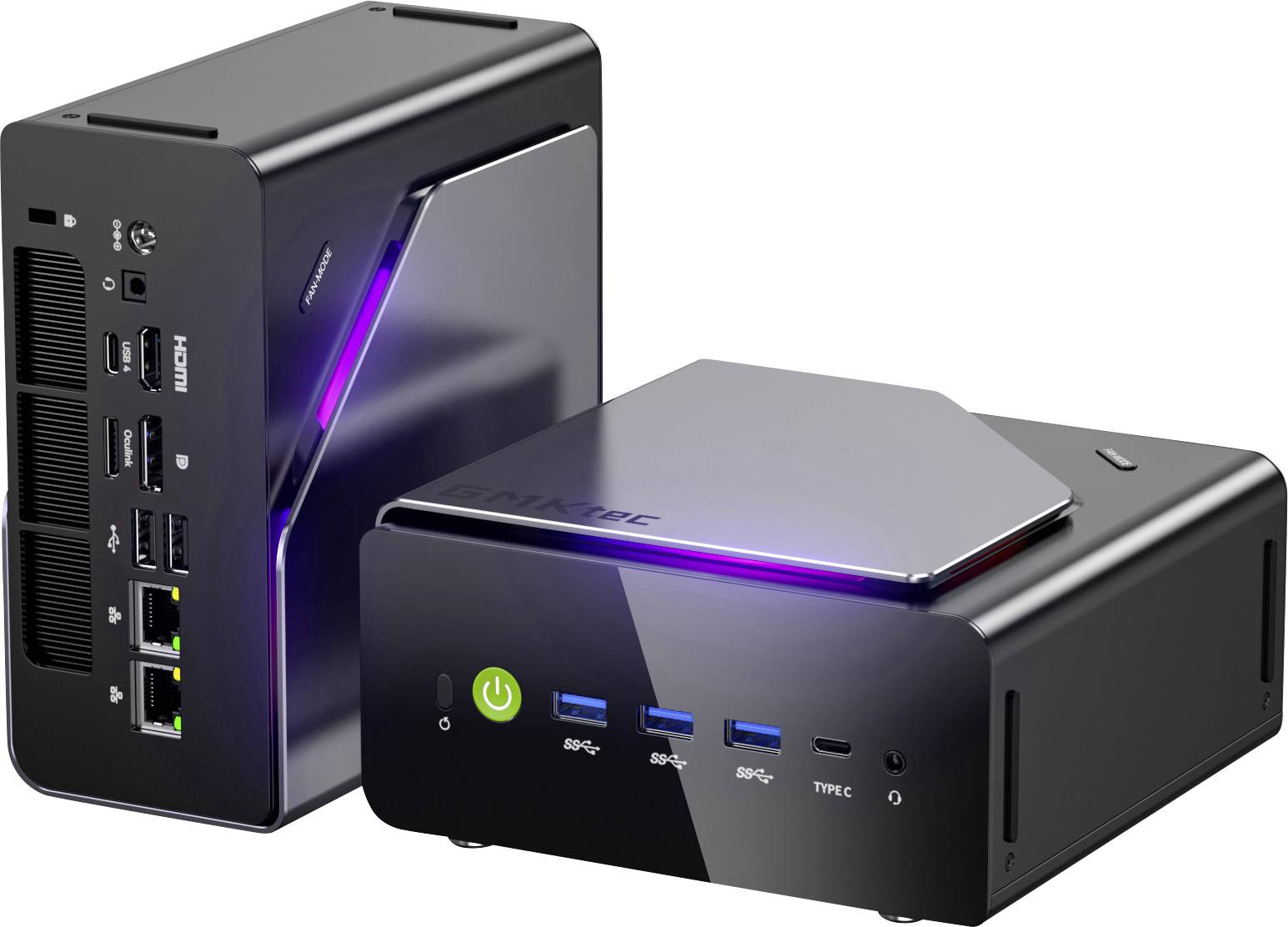 Zwei kompakte Mini-PCs, einer aufrecht und einer horizontal, mit beleuchteten violetten Akzentlichtern und USB-, Stromversorgungs- und Type-C-Anschlüssen an der Vorderseite.