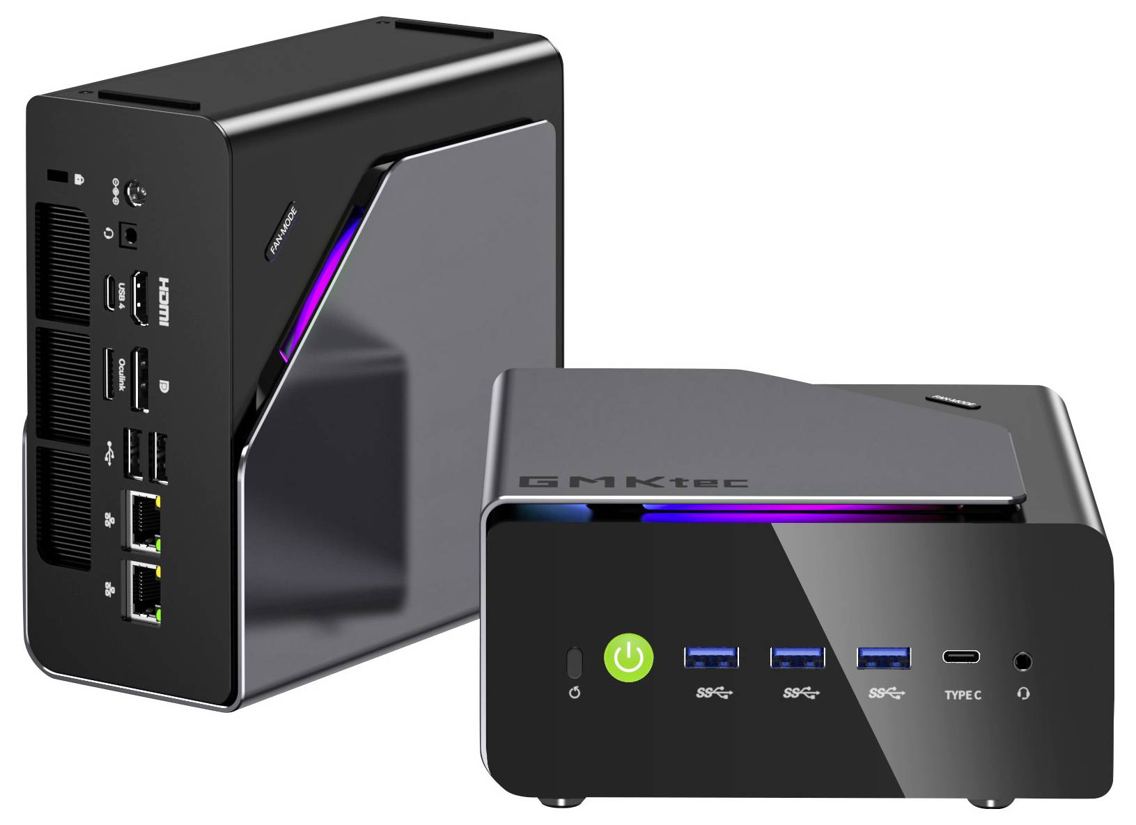 Zwei kompakte schwarze Mini-PCs von vorne und von der Seite gezeigt, mit beleuchtetem Power-Button, USB-Anschlüssen, HDMI, Ethernet und Type-C-Verbindungen.