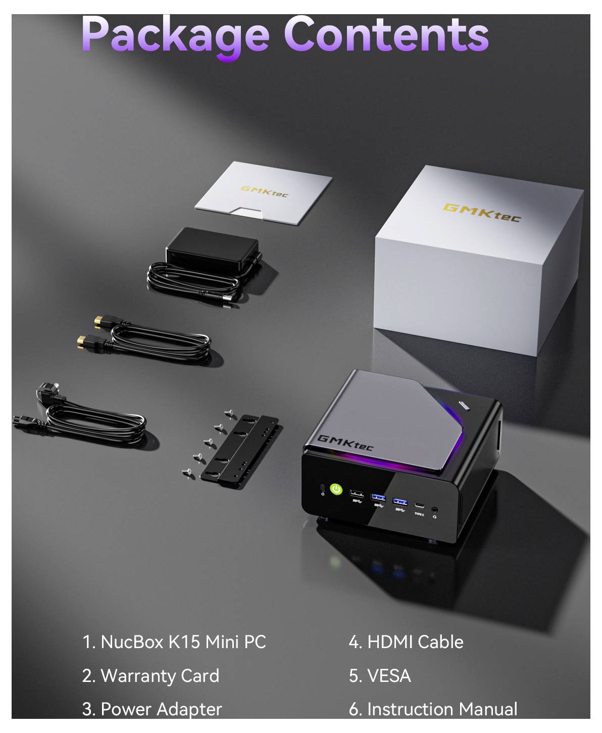 Paketinhalt für einen GMKtec NucBox K15 Mini PC: Mini-PC, Garantiekarte, Netzteil, HDMI-Kabel, VESA-Halterung und Bedienungsanleitung neben der Box angezeigt.