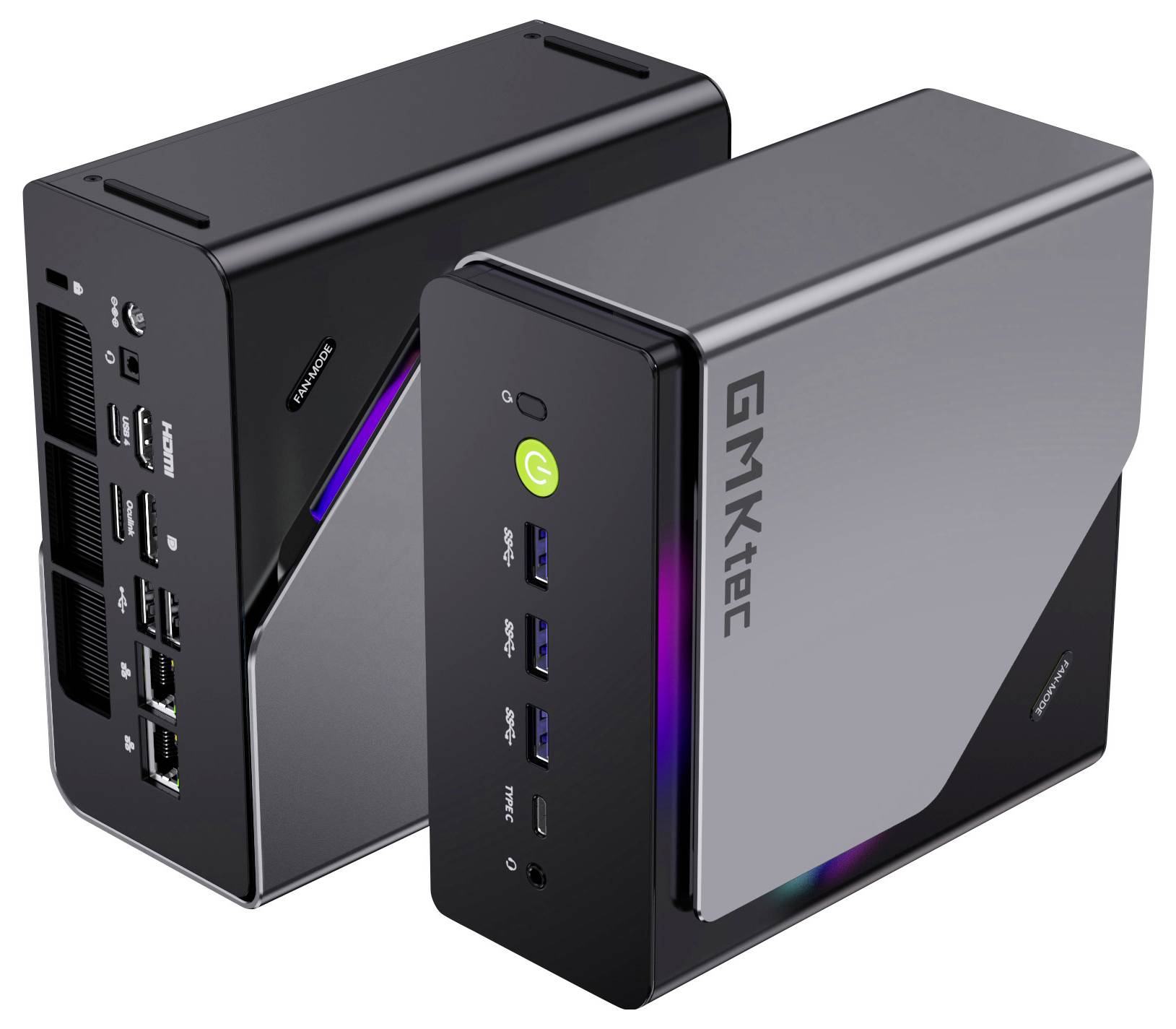 Zwei GMKtec Mini-Desktop-PCs in Schwarz und Silber, jeweils mit vorderen USB- und Stromanschlüssen sowie RGB-Akzentbeleuchtung, nebeneinander im Winkel angeordnet.