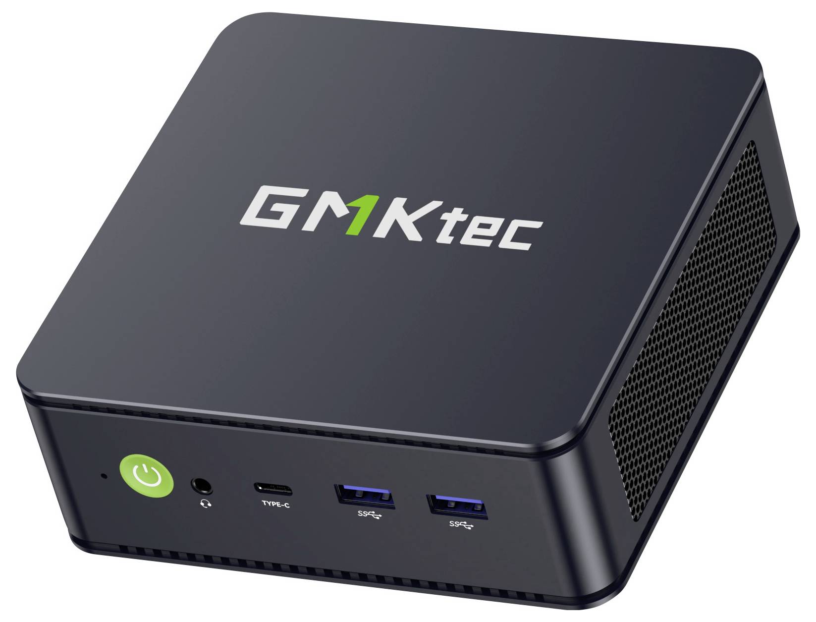 Schwarzer GMKtec Mini-PC mit frontseitigem Powerknopf, USB-C, Audiobuchse und zwei USB-A-Anschlüssen in Schrägansicht dargestellt.