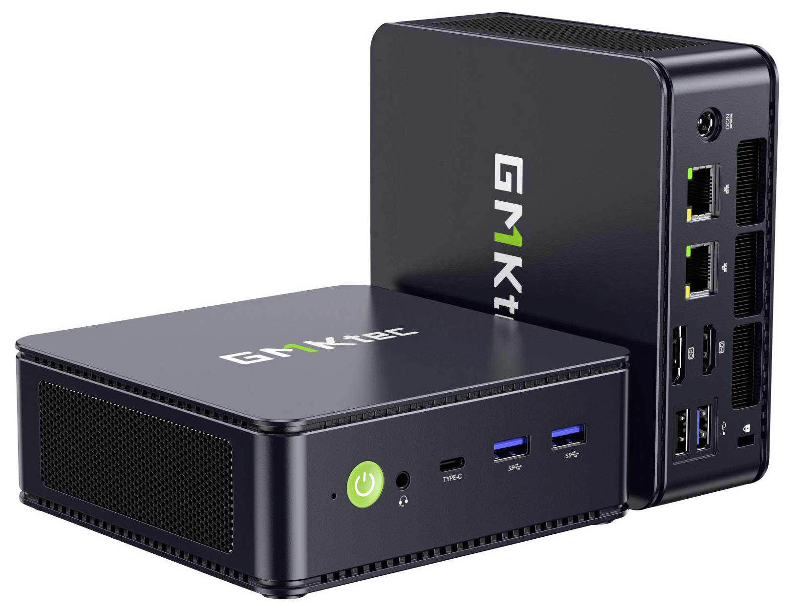 Zwei kompakte schwarze GK1Kt Mini-PCs, einer horizontal und einer vertikal ausgerichtet, mit sichtbaren Front- und Rückseiten-Anschlüssen.