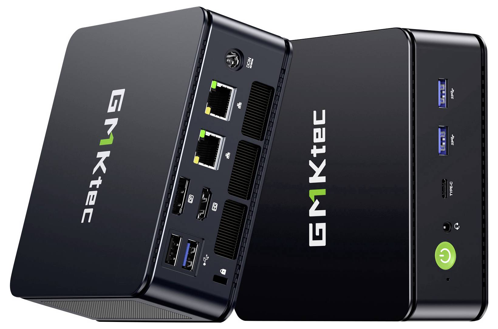 Zwei schwarze GRIKtec Mini-PCs von vorne und von der Seite gezeigt, jeder mit Ethernet- und USB-Anschlüssen; einer hat einen Netzschalter auf der Frontplatte.