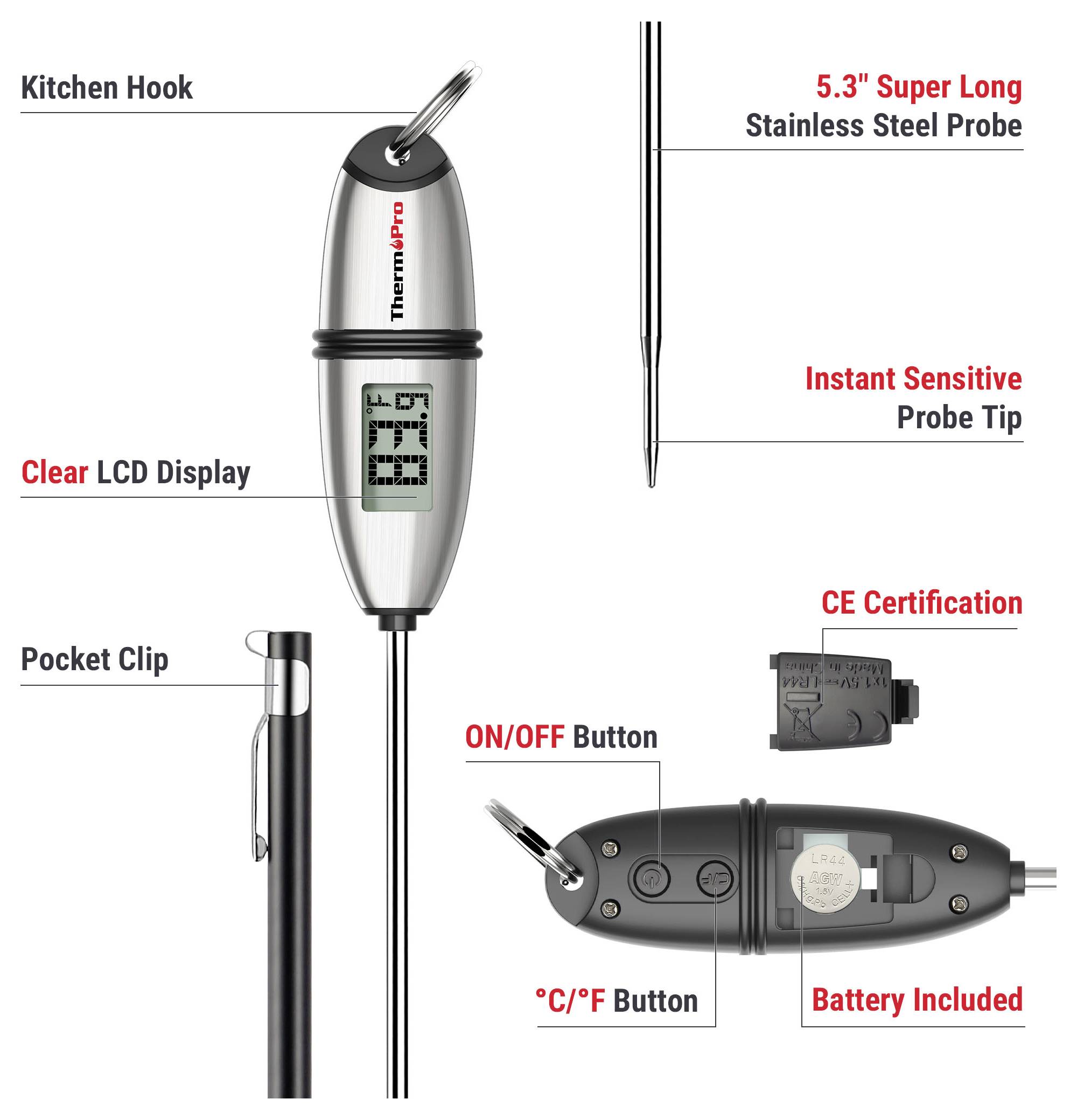 Beschriftetes Produktdiagramm eines digitalen Edelstahl-Fleischthermometers mit klarem LCD-Display, Küchenhaken, Taschenklemme, 5,3-Zoll-Sonde, Ein-/Aus- und °C/°F-Tasten, Batterie enthalten und CE-Zertifizierung.