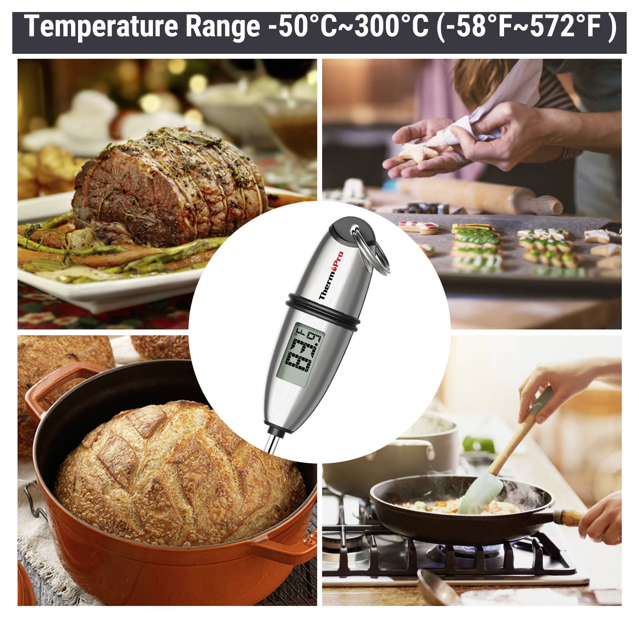 Werbebild eines digitalen Fleischthermometers zum Garen von Speisen, mit der Bezeichnung „Temperaturbereich -50°C~300°C (-58°F~572°F)