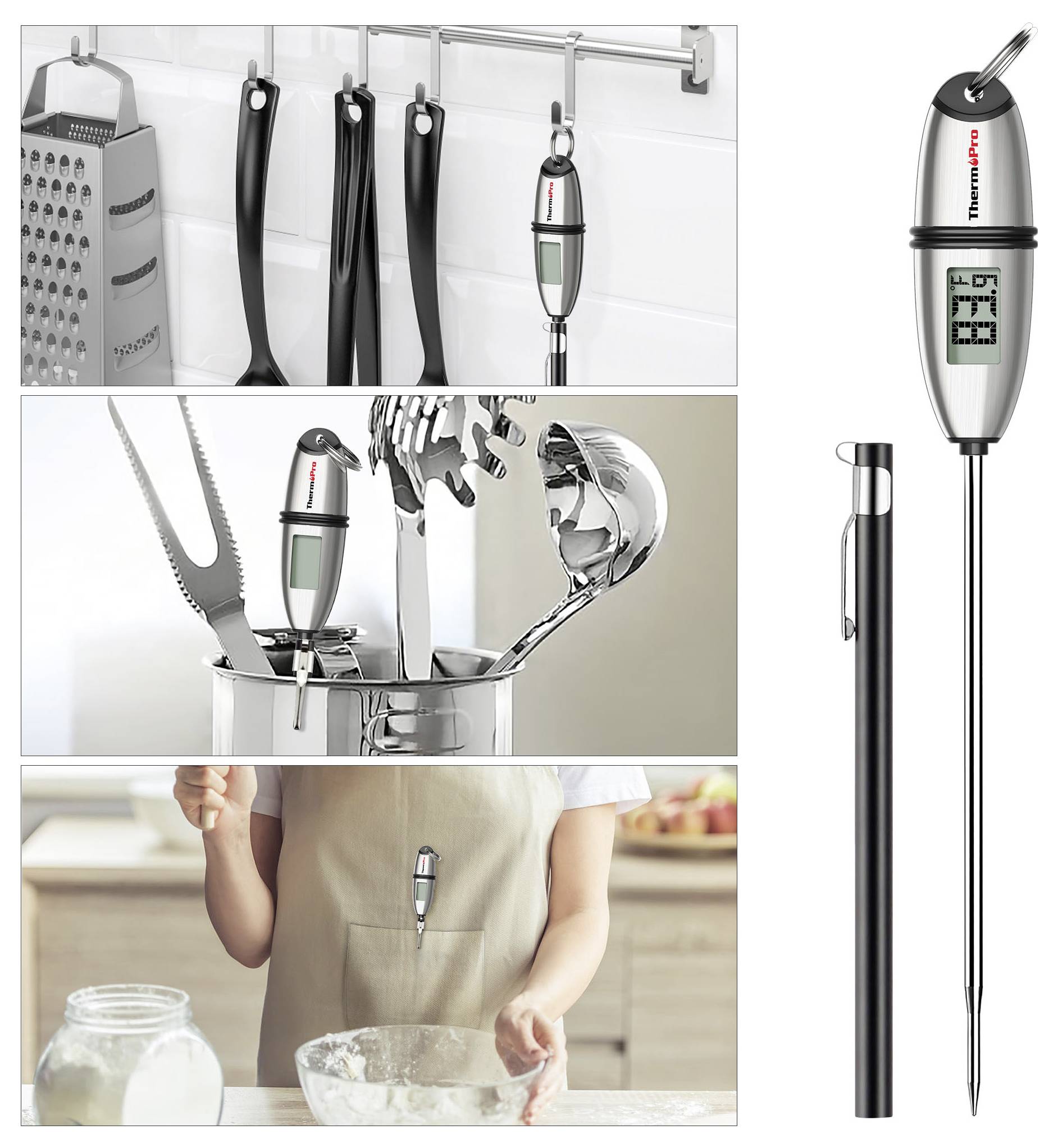 Digitales Thermometer mit Klipp, das an Küchengeräten befestigt ist und zur Messung der Lebensmitteltemperatur bei Kochszenen verwendet wird.