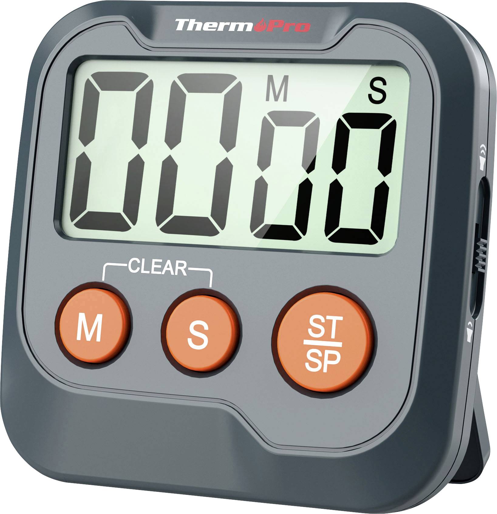 Digitales ThermoPro-Timer-Display zeigt 00:00 mit M- und S-Indikatoren sowie drei orangefarbene Tasten mit den Aufschriften M, S und ST/SP.