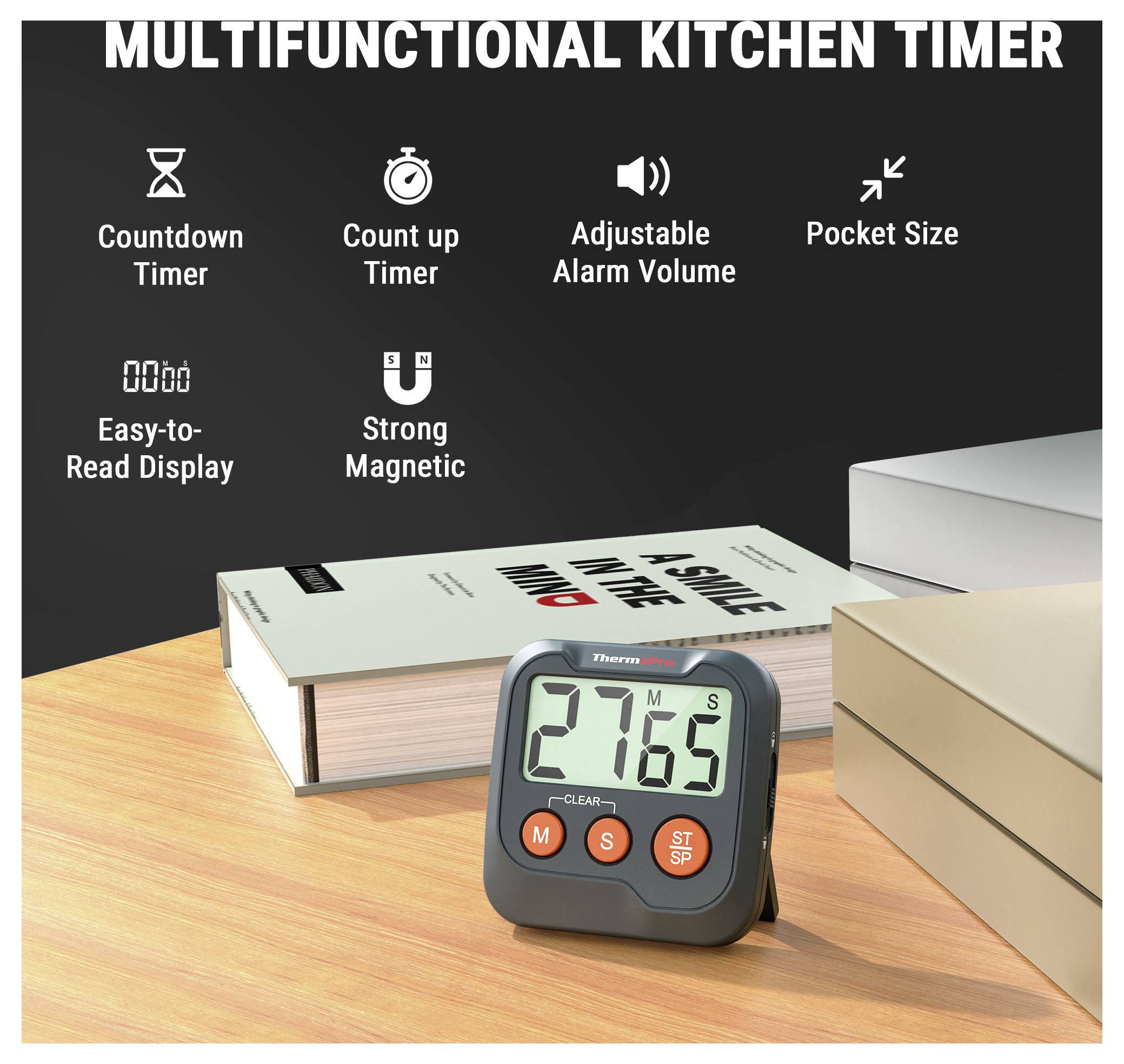 Multifunktionale Küchenuhr auf einem Tisch, zeigt 27:65 mit Countdown, Countup, einstellbarer Alarmautstärke, Taschengröße, leicht ablesbares Display und magnetische Rückseite.