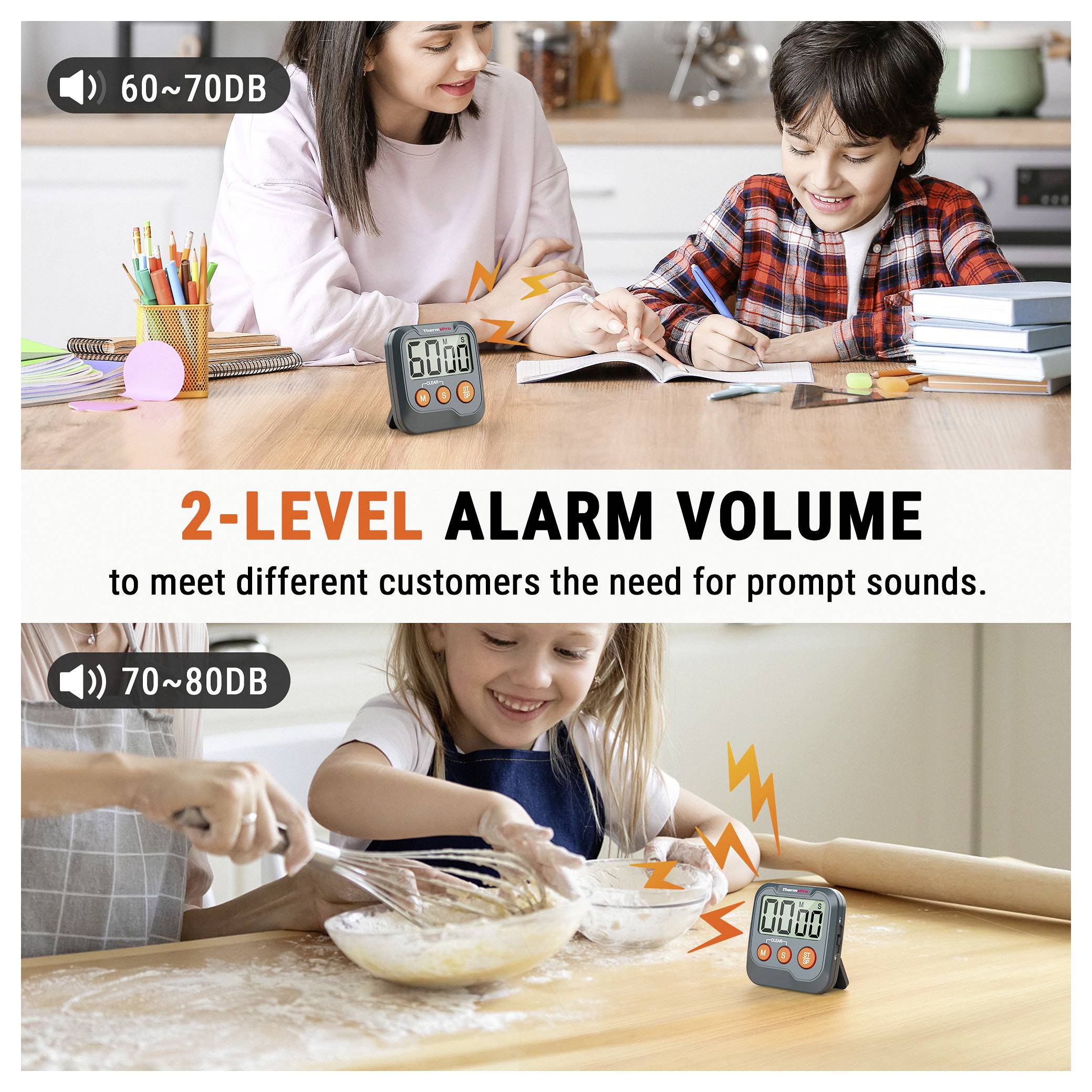 Zwei-Panel-Anzeige zeigt einen digitalen Küchentimer/Uhr mit 2-stufiger Alarmlaustärke: 60–70 dB zum Lernen und 70–80 dB zur Verwendung in lauter Küche.